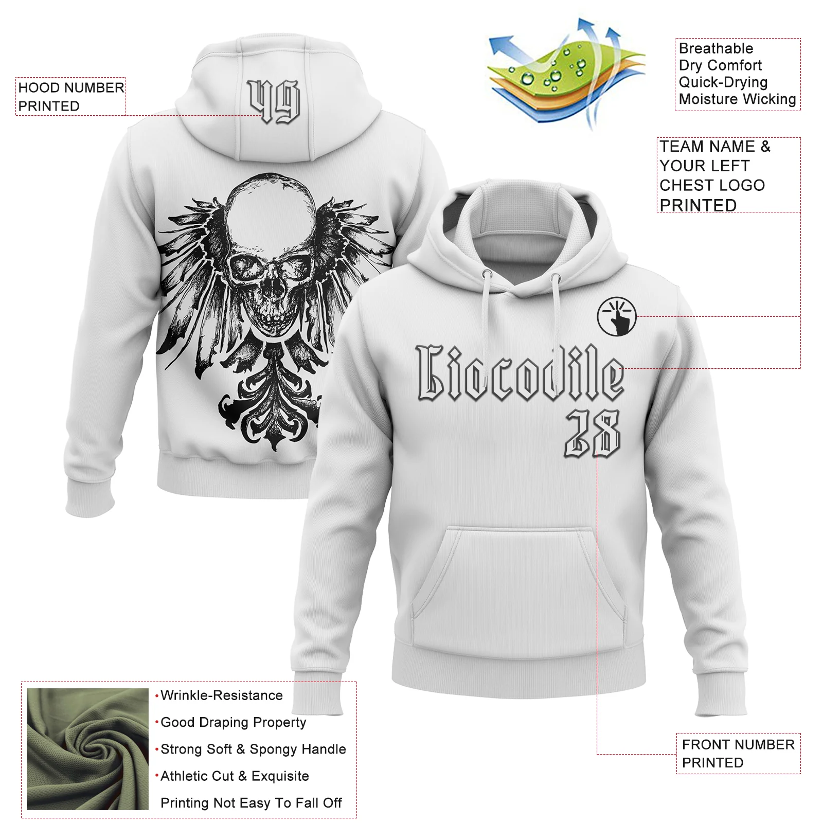Custom White Black 3D Skull Gothic Heraldic Wing Vintage Sports Pullover Sweatshirt Hoodie