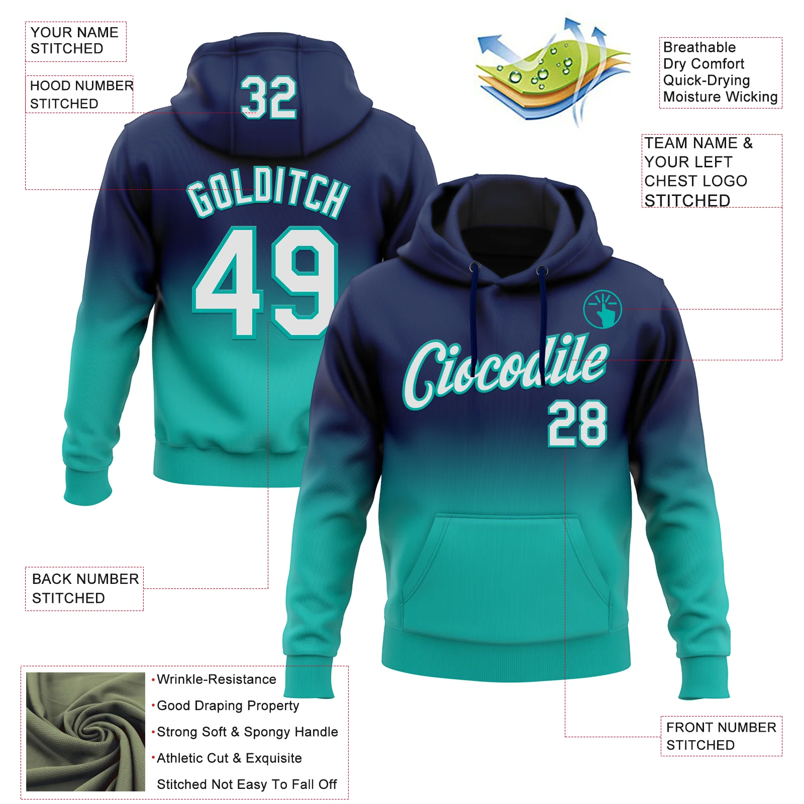 Custom Stitched Navy White-Aqua Fade Fashion Sports Pullover Sweatshirt Hoodie