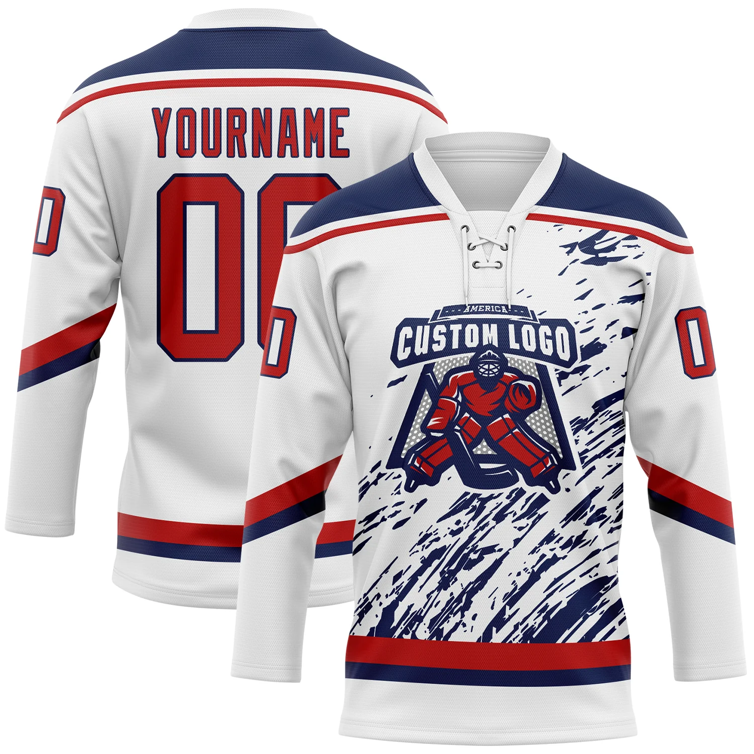 Custom White Red-Navy 3D Splash Art Hockey Lace Neck Jersey