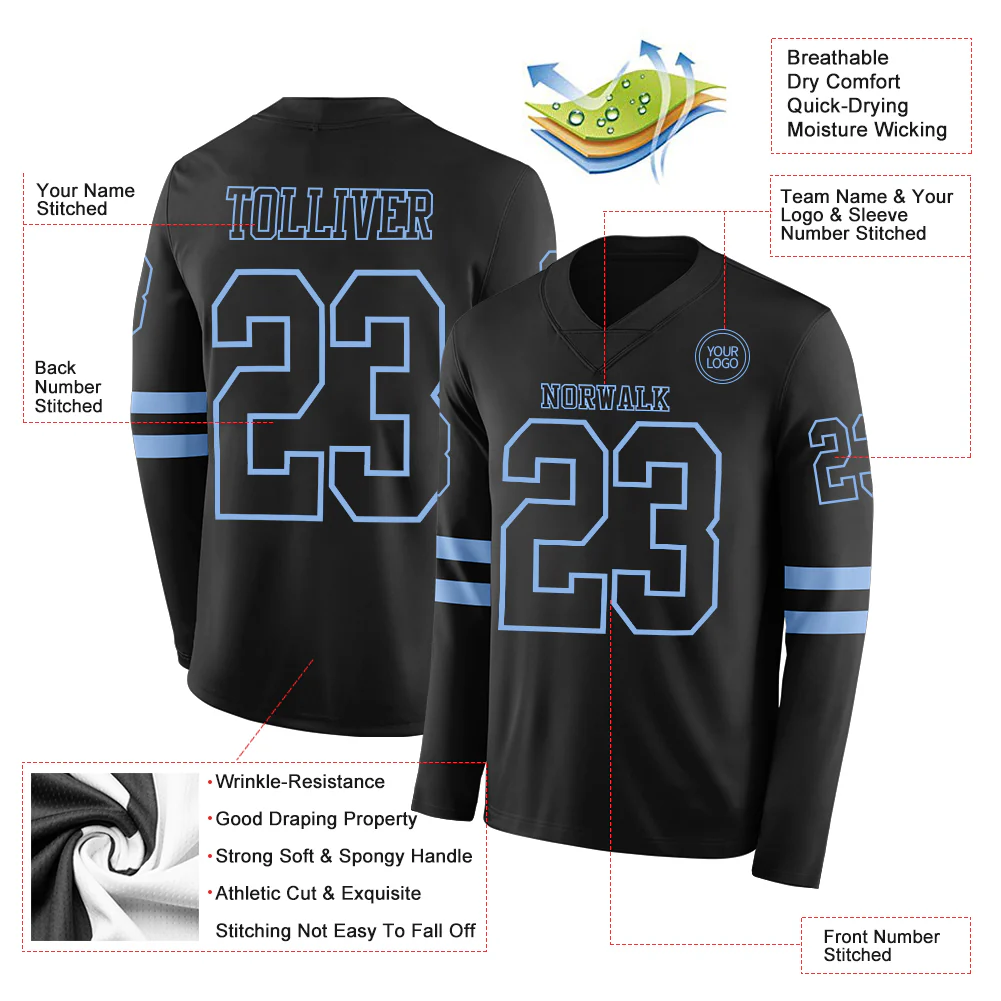 Custom Black Light Blue Long Sleeve Authentic Football Jersey