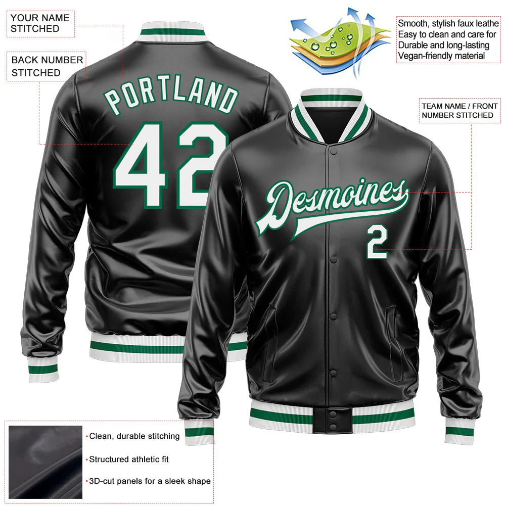 Custom Black White-Kelly Green Bomber Full-Snap Varsity Faux Leather Letterman Jacket