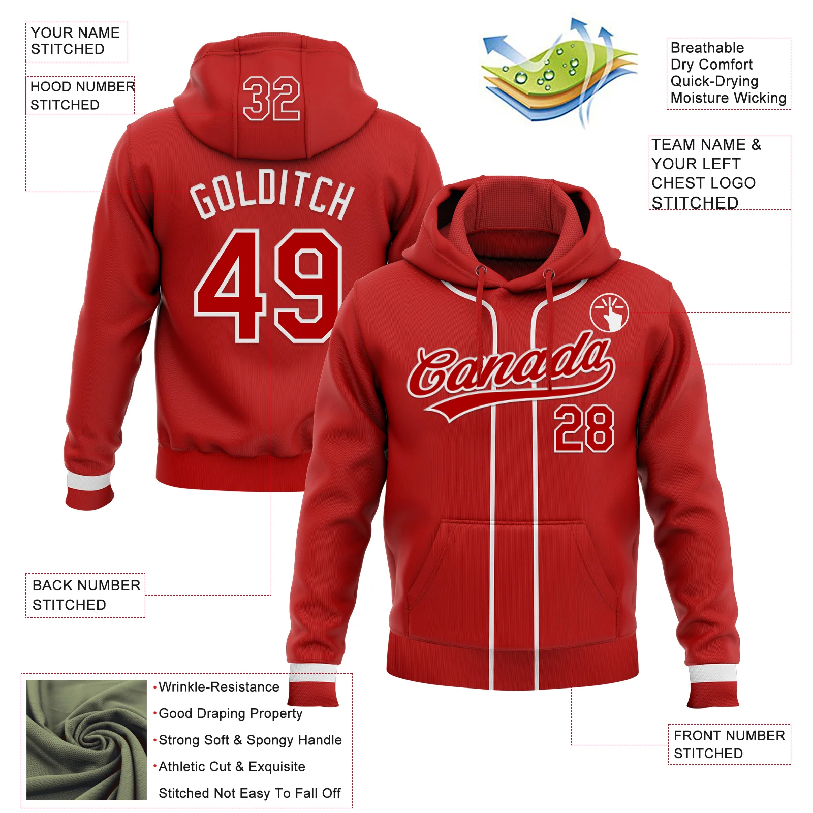 Custom Stitched Red White Baseball Pullover Sweatshirt Hoodie