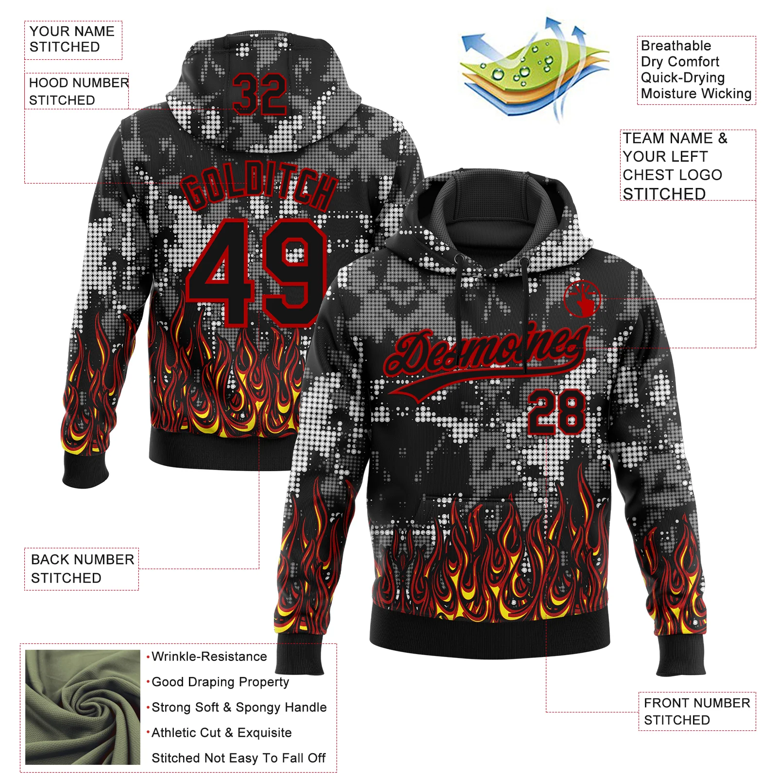 Custom Stitched Black Yellow Red-White 3D Pattern Design Flame Sports Pullover Sweatshirt Hoodie