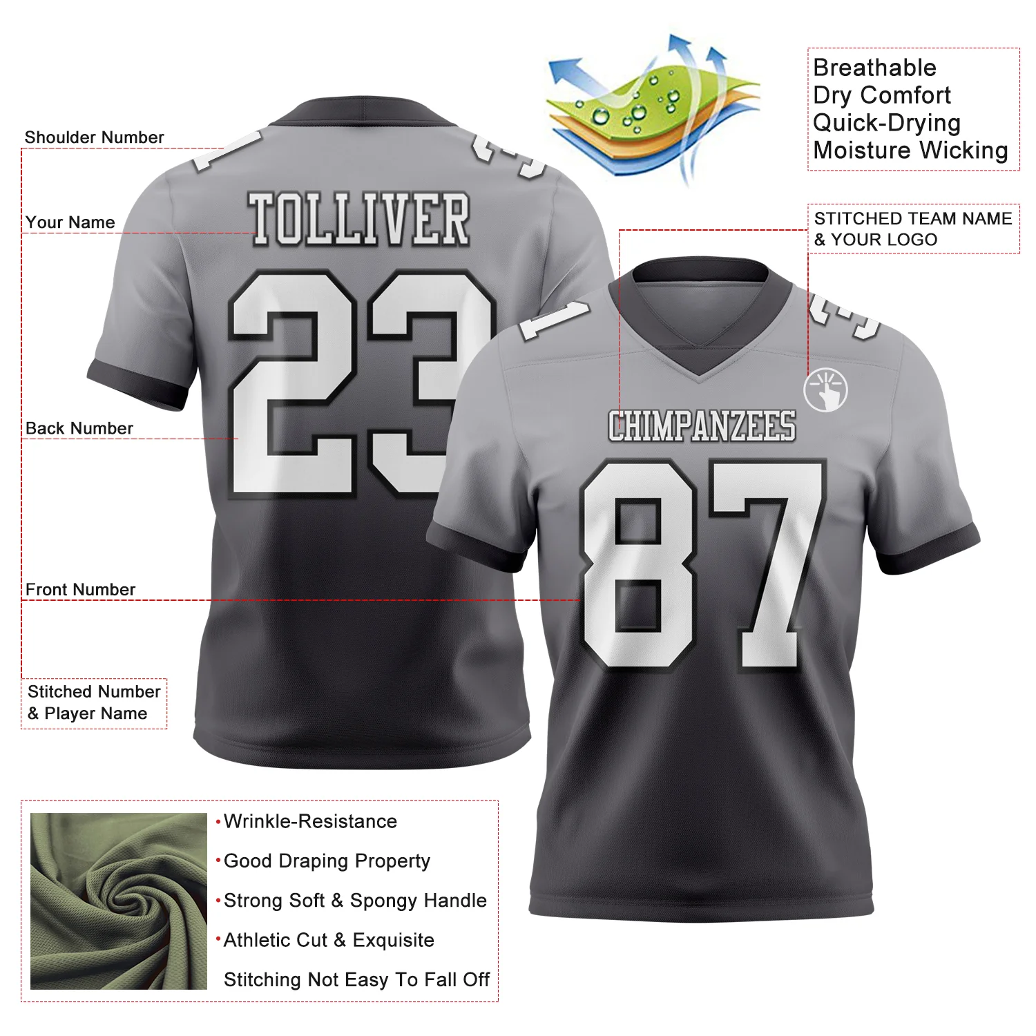 Custom Gray White Steel Gray-Black Authentic Fade Fashion Football Jersey