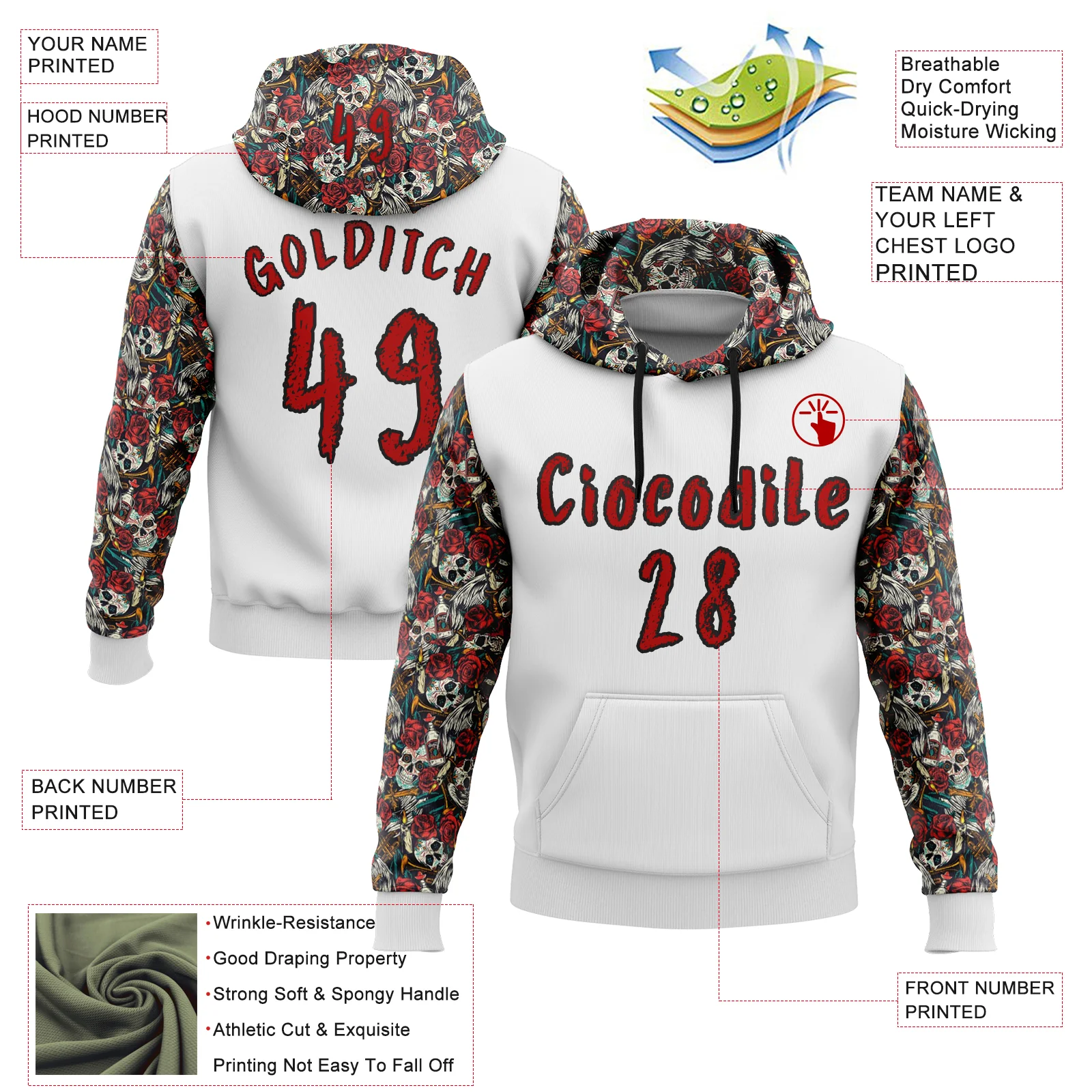 Custom White Red-Black 3D Skull Roses Floral Sports Pullover Sweatshirt Hoodie