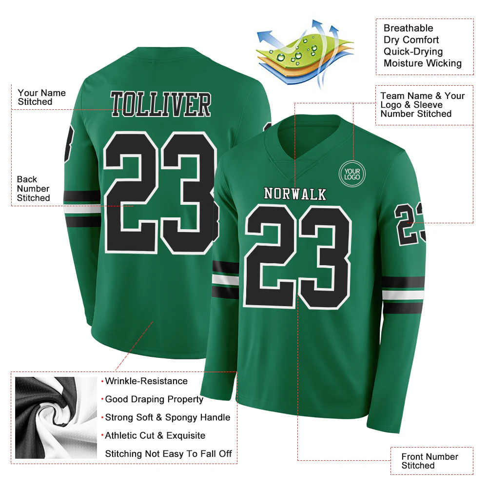 Custom Kelly Green Black-White Long Sleeve Authentic Football Jersey