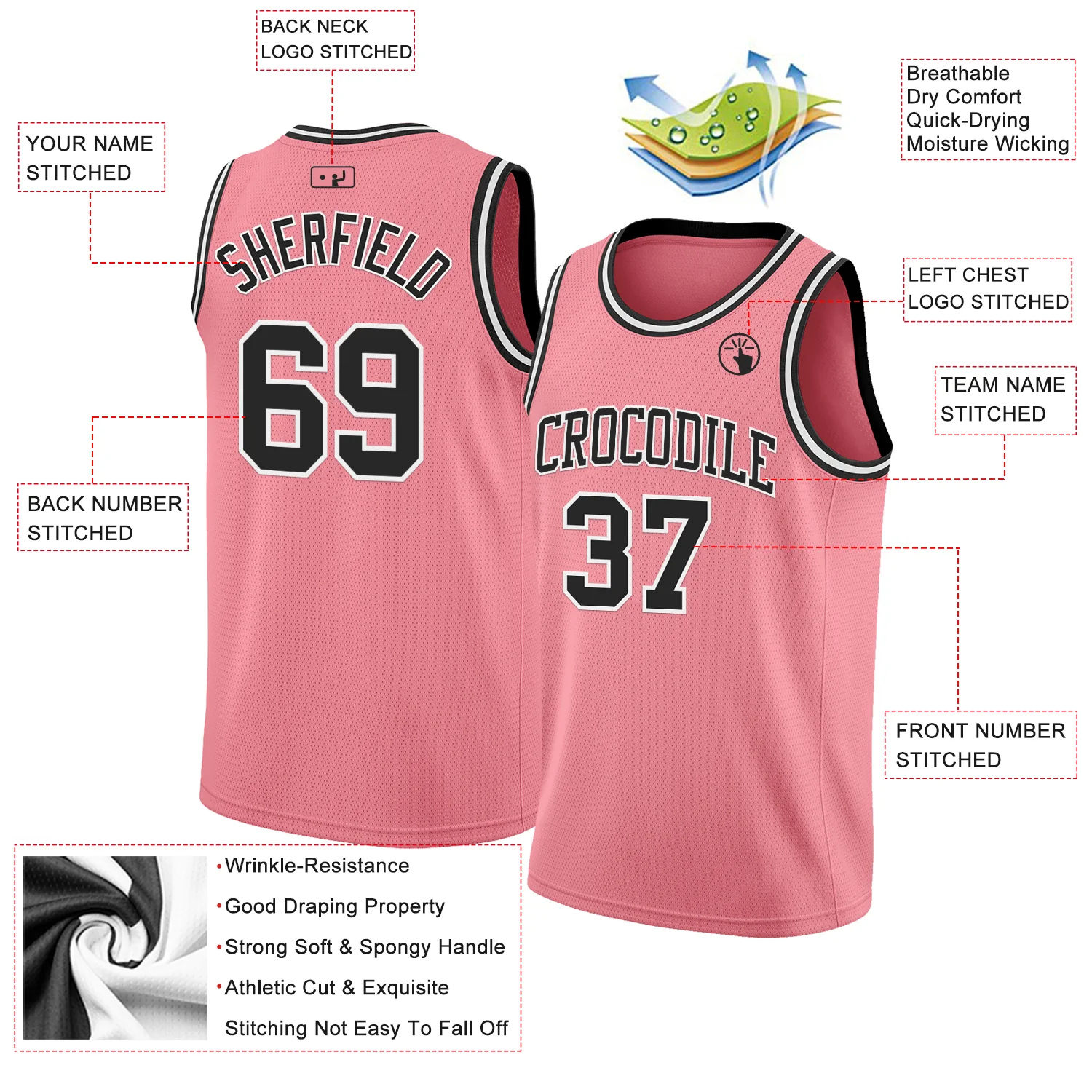 Custom Medium Pink Black-White Authentic Basketball Jersey