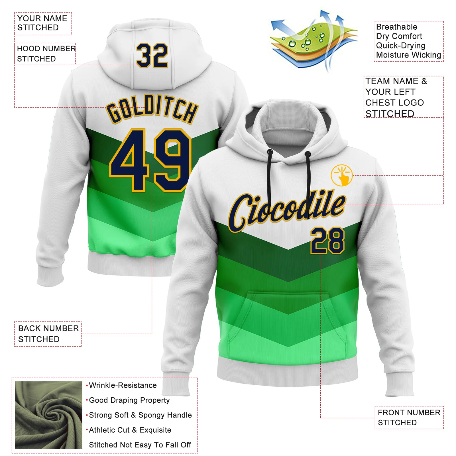 Custom Stitched White Navy Green-Gold 3D Pattern Design Sportswear Pullover Sweatshirt Hoodie