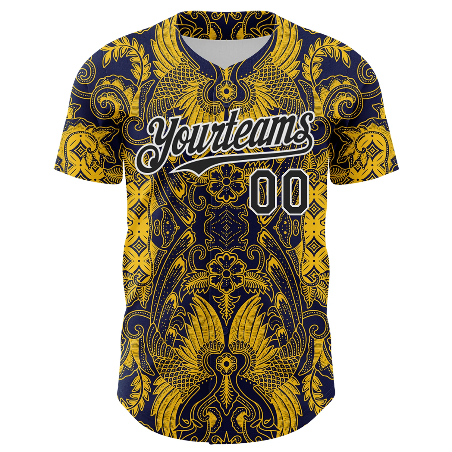 Custom Navy Black Yellow-White 3D Pattern Design Burner Costumes Paisley Authentic Baseball Jersey