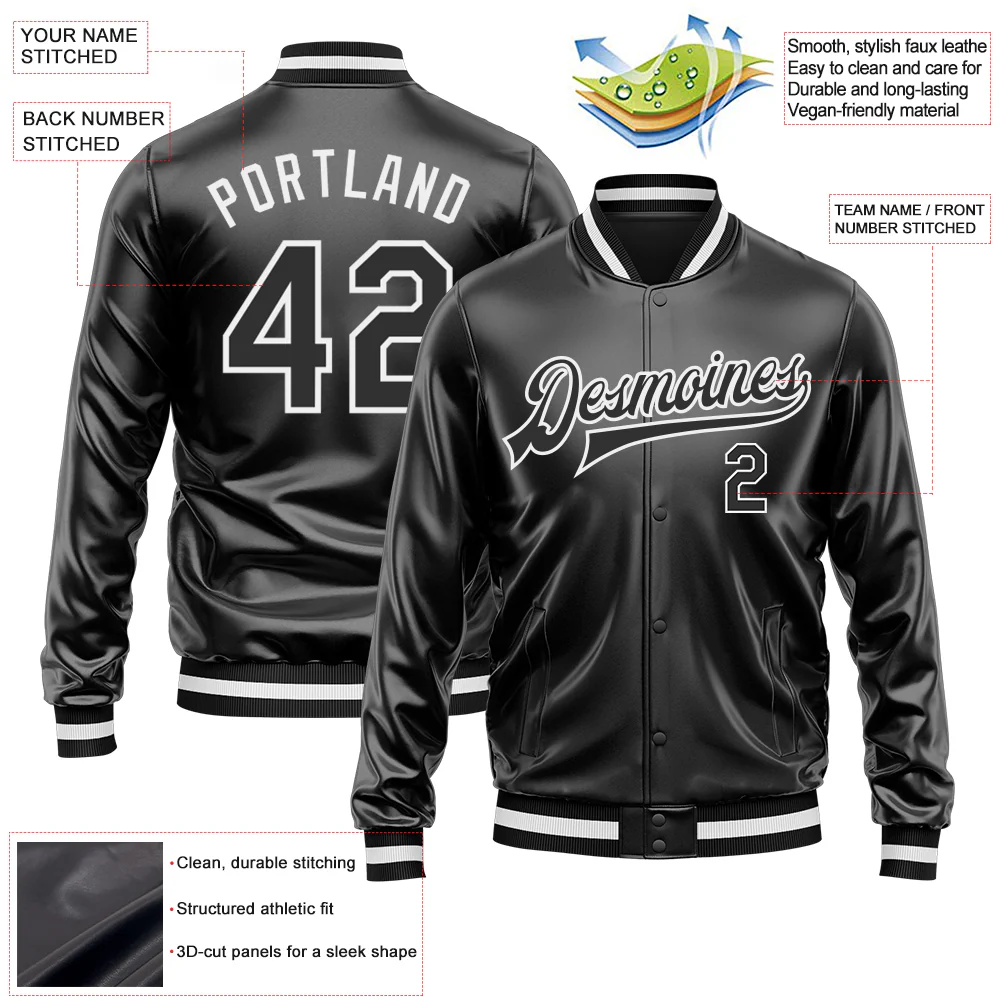 Custom Black Black-White Bomber Full-Snap Varsity Faux Leather Letterman Jacket