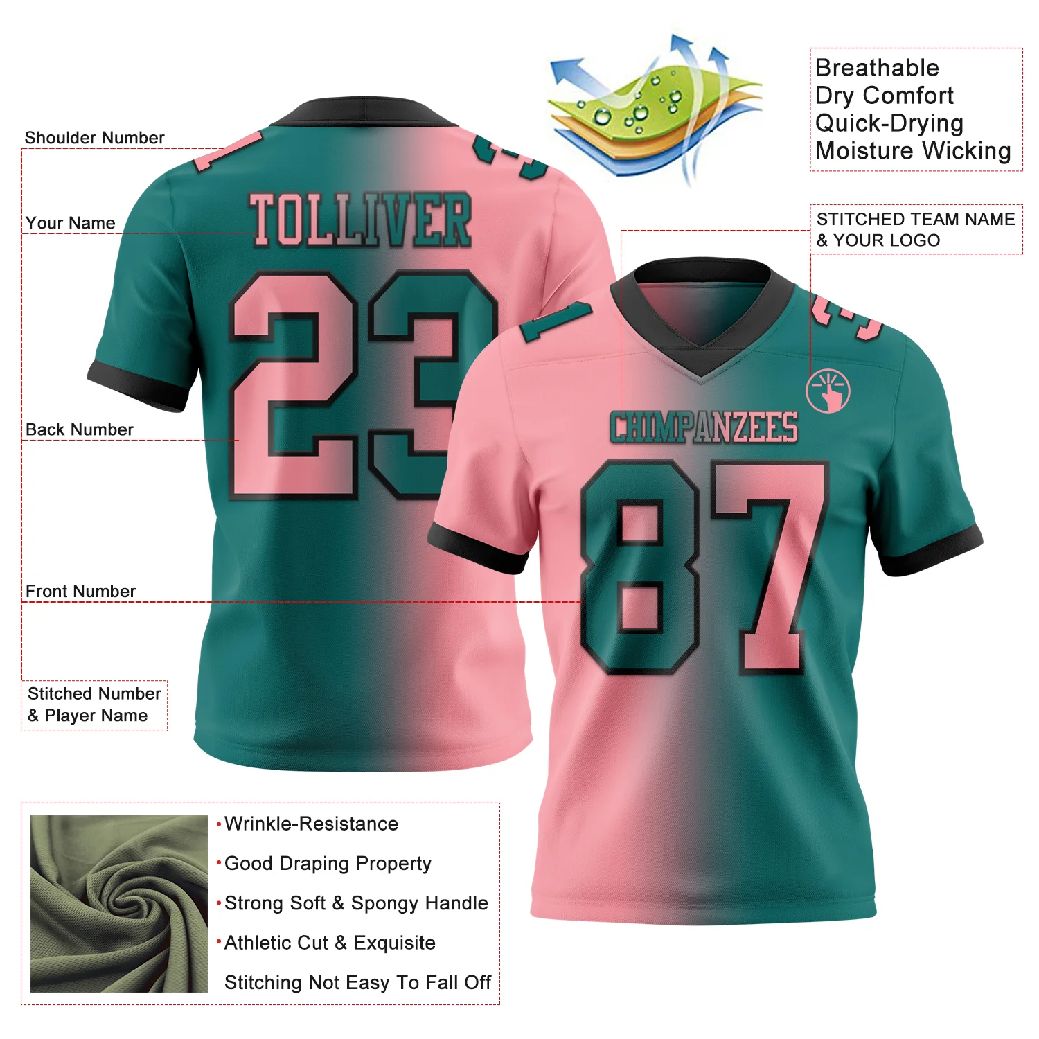 Custom Teal Medium Pink-Black Authentic Gradient Fashion Football Jersey
