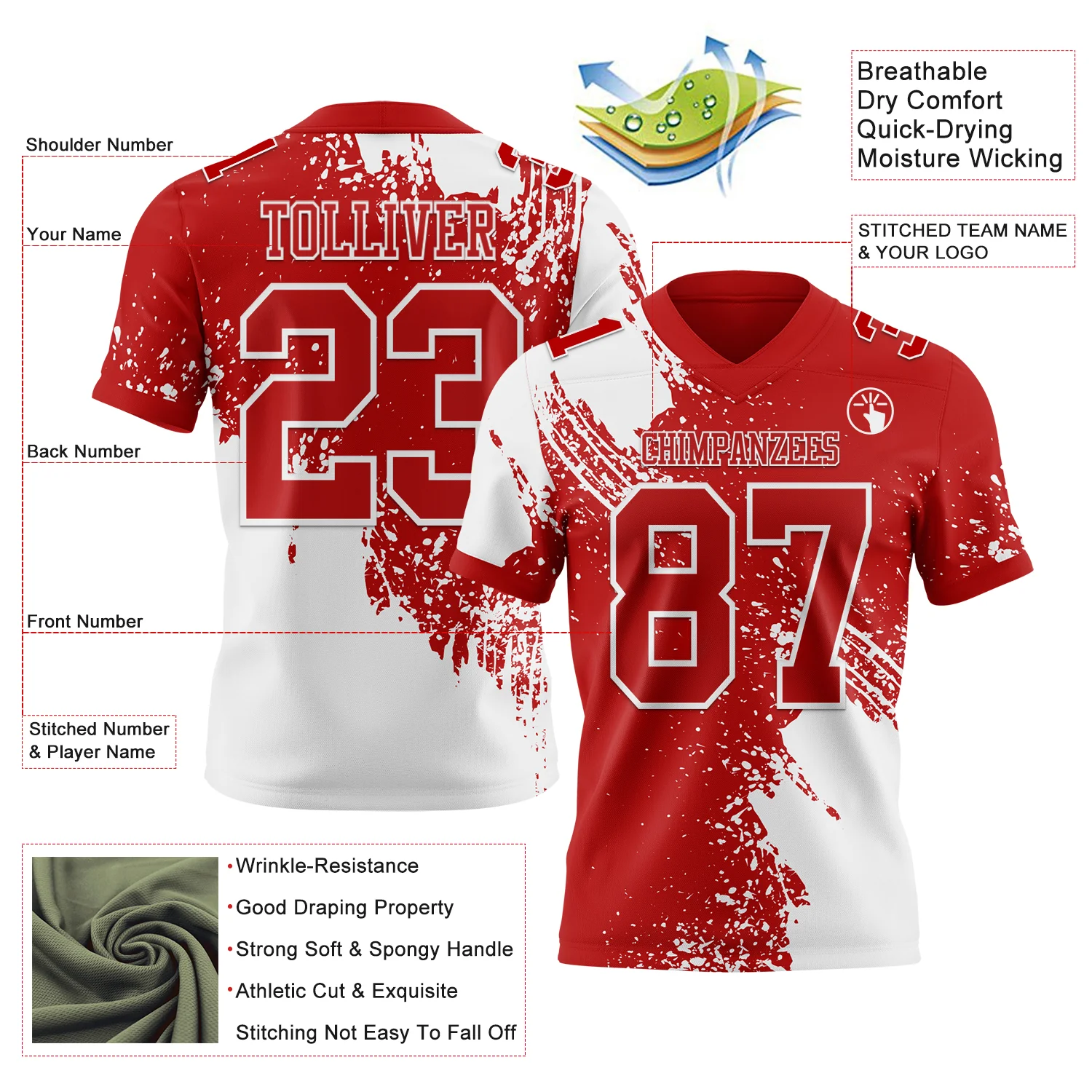 Custom Red White 3D Pattern Abstract Brush Stroke Authentic Football Jersey
