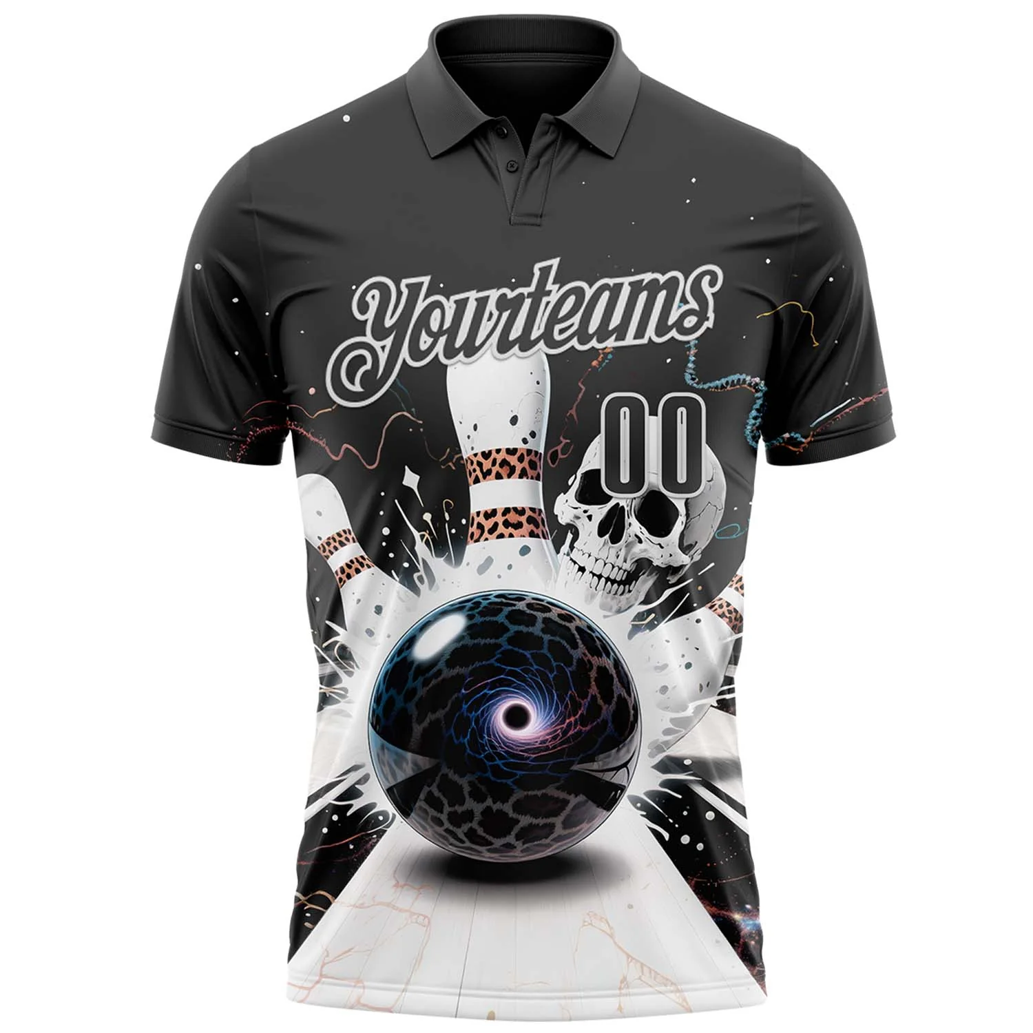 Custom Steel Gray White 3D Galaxy Leopard Print Skull Bowling Performance Polo Shirt