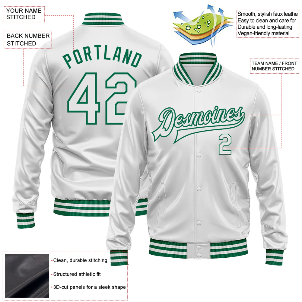 Custom White White-Kelly Green Bomber Full-Snap Varsity Faux Leather Letterman Jacket
