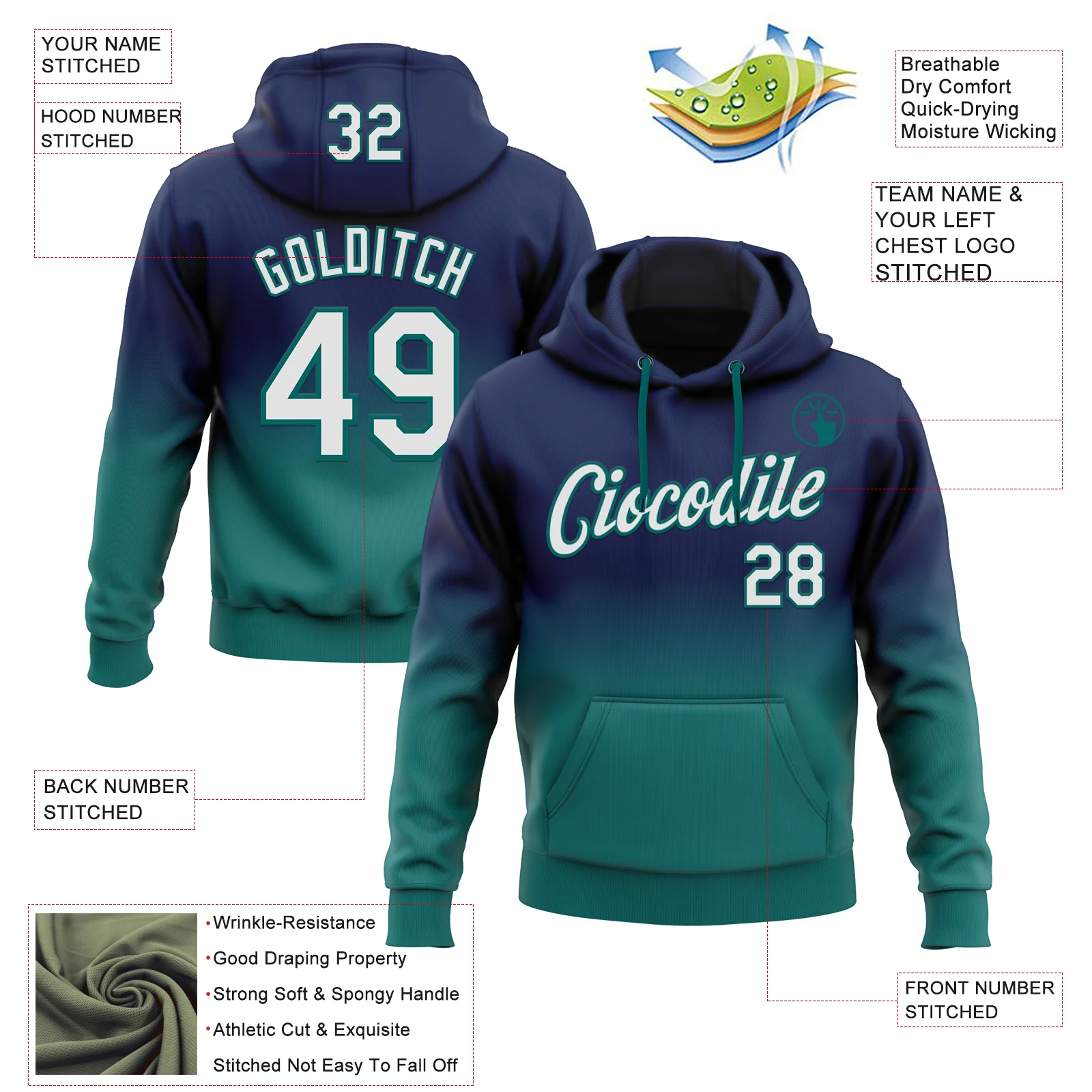 Custom Stitched Navy White-Teal Fade Fashion Sports Pullover Sweatshirt Hoodie