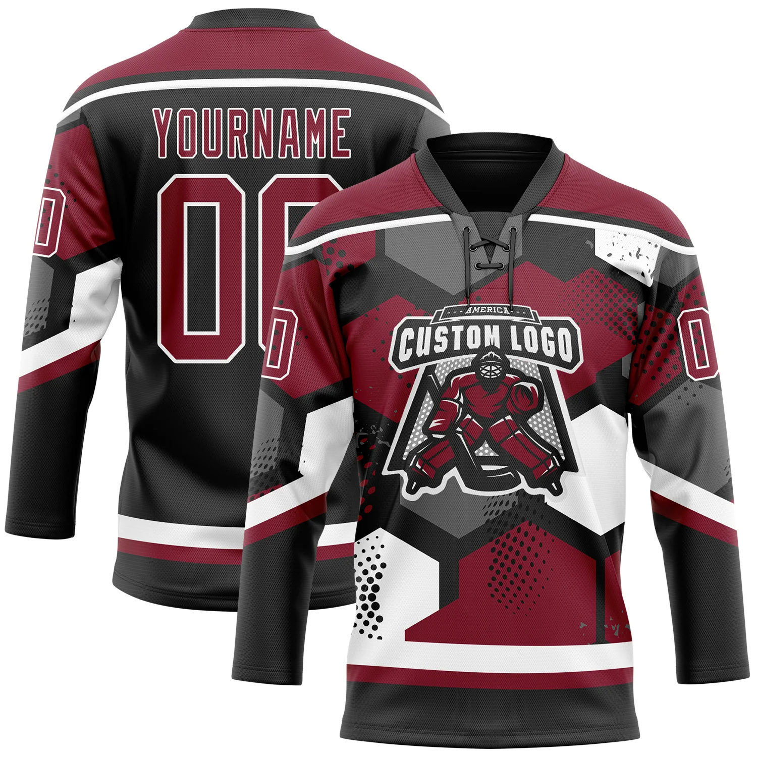 Custom Crimson Black-White 3D Pattern Geometric Shape Hockey Lace Neck Jersey