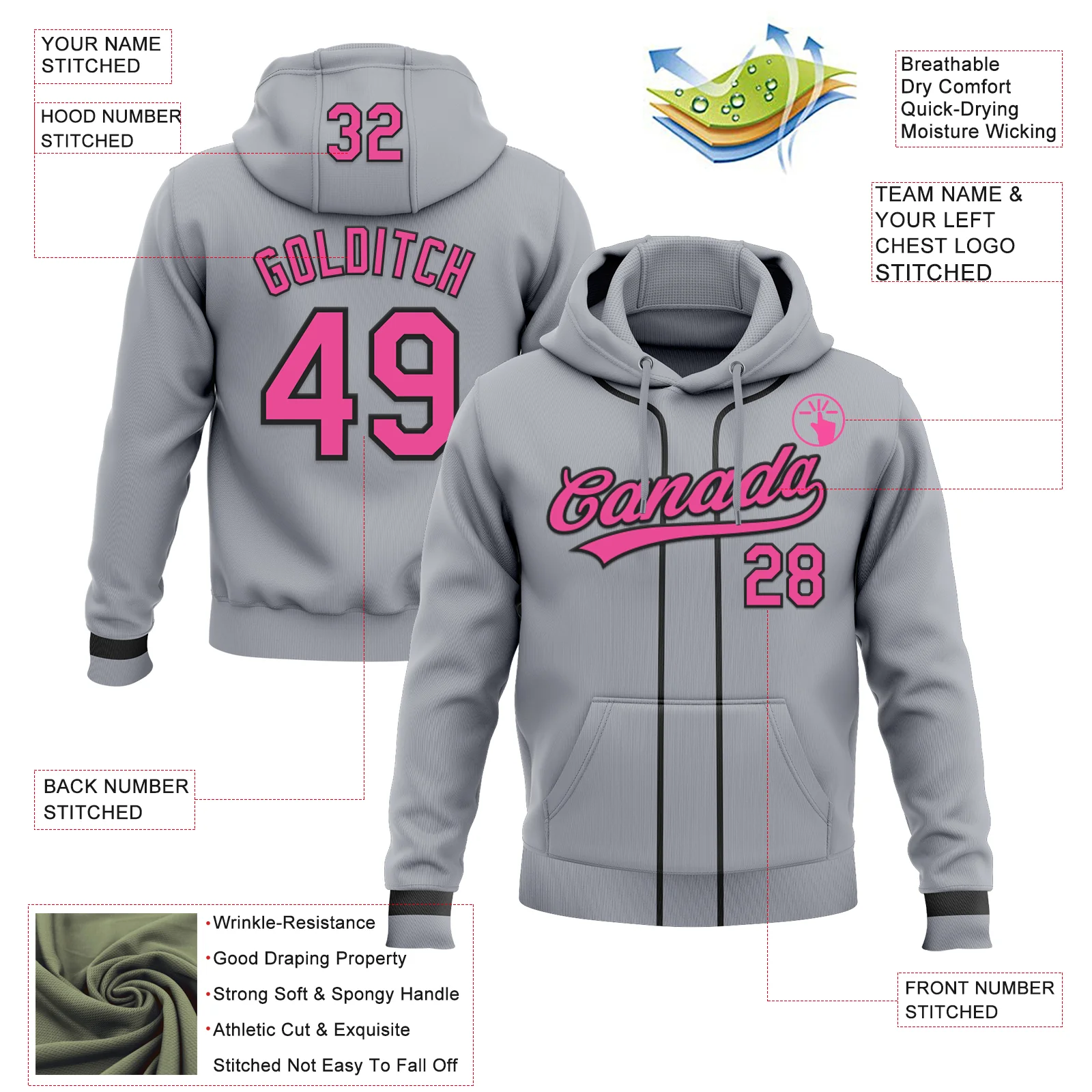 Custom Stitched Gray Pink-Black Baseball Pullover Sweatshirt Hoodie