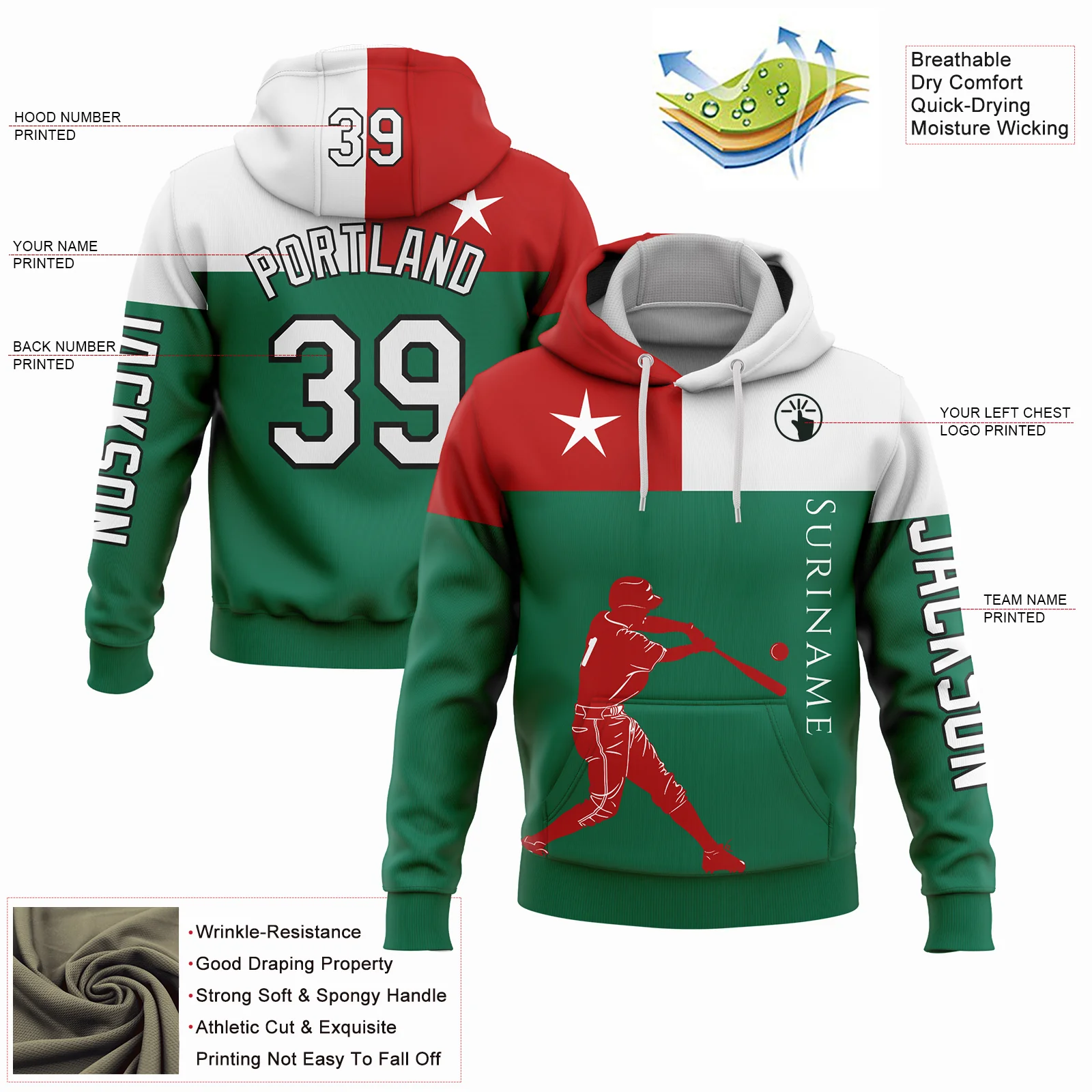 Custom Kelly Green Red-Black 3D Suriname Surinamese Flag Sports Pullover Sweatshirt Hoodie
