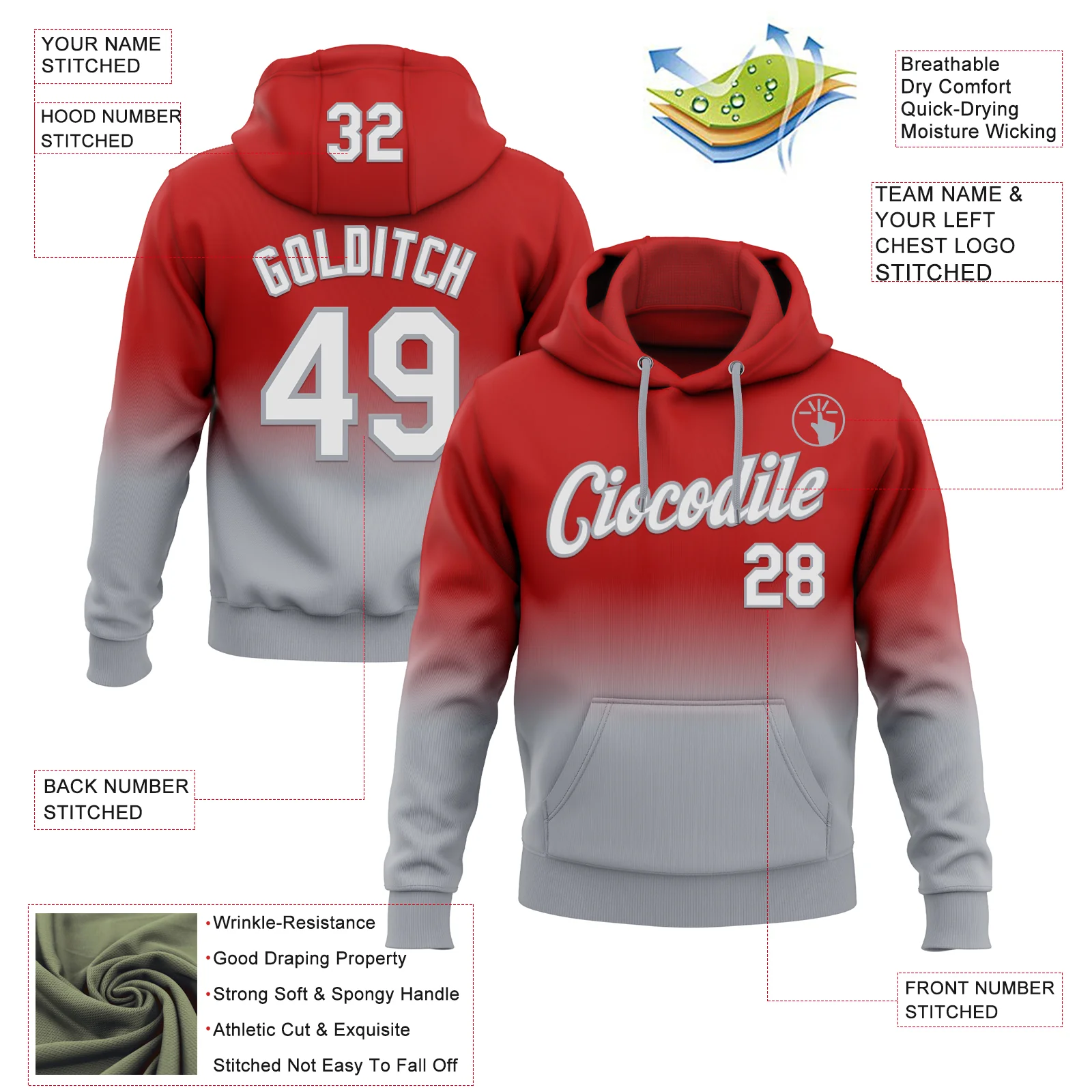 Custom Stitched Red White-Gray Fade Fashion Sports Pullover Sweatshirt Hoodie