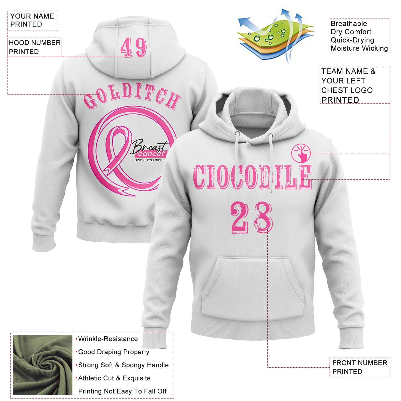 Custom White Pink 3D Pink Ribbon Breast Cancer Awareness Women Health Care Support Sports Pullover Sweatshirt Hoodie