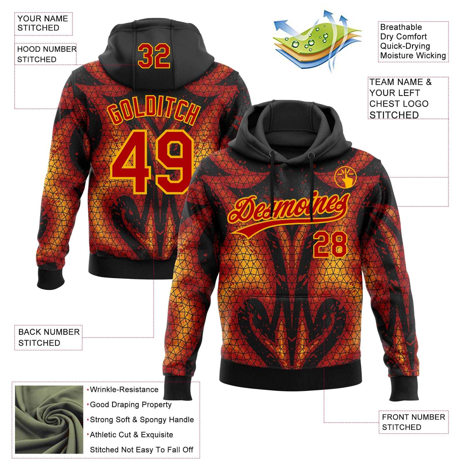 Custom Stitched Black Red-Yellow 3D Pattern Design Flame Sports Pullover Sweatshirt Hoodie