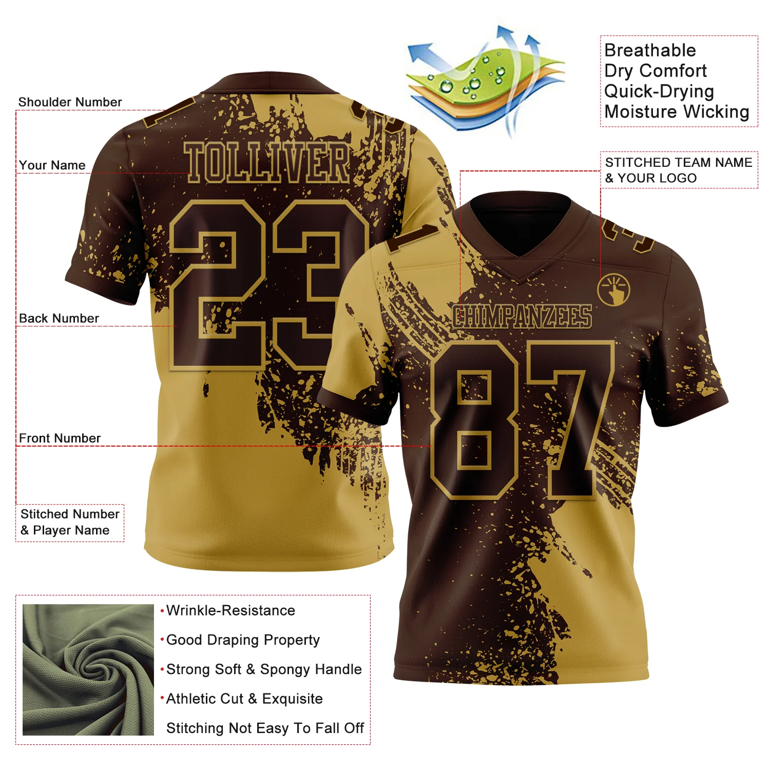 Custom Brown Old Gold 3D Pattern Abstract Brush Stroke Authentic Football Jersey