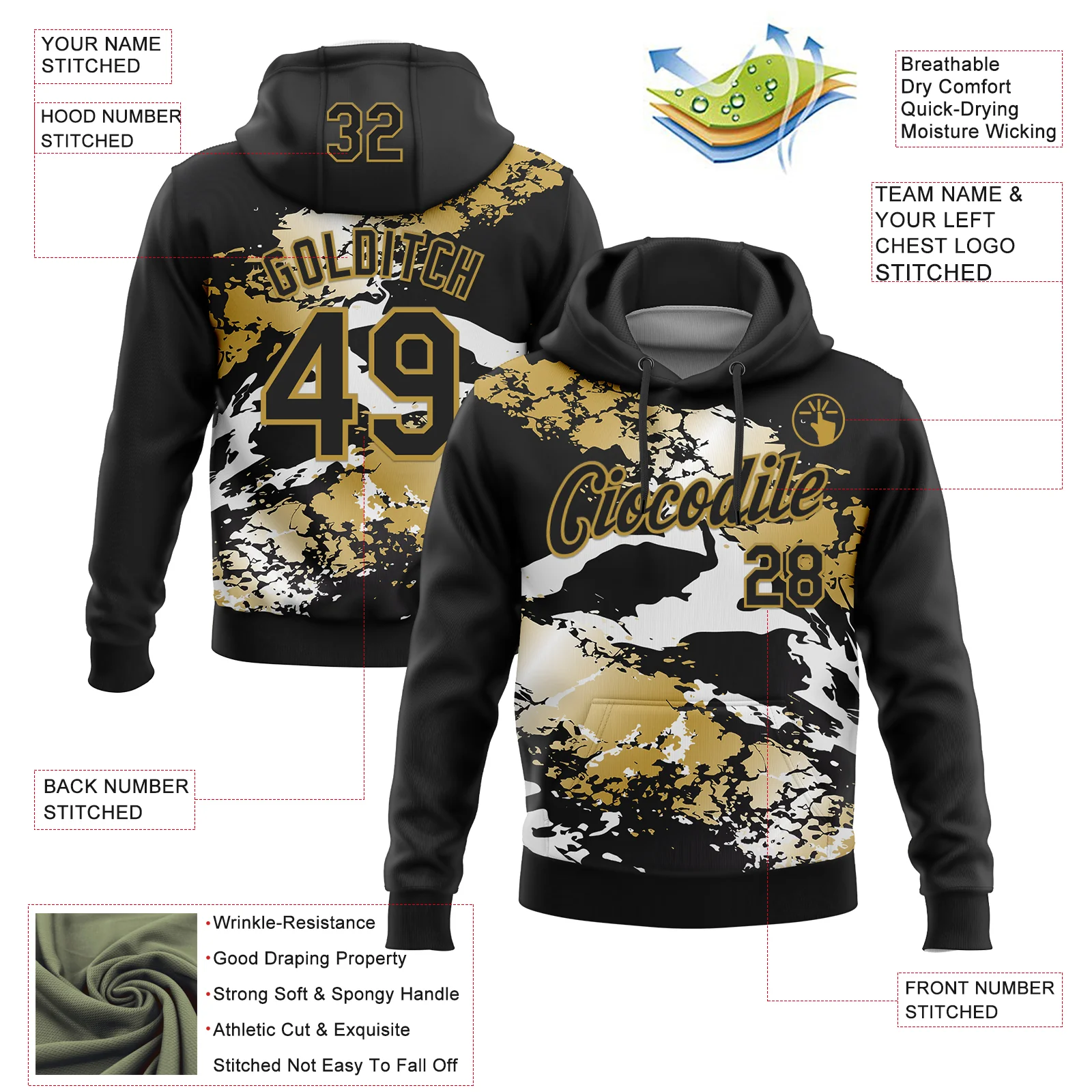 Custom Stitched Black Old Gold-White 3D Pattern Design Splash Sports Pullover Sweatshirt Hoodie