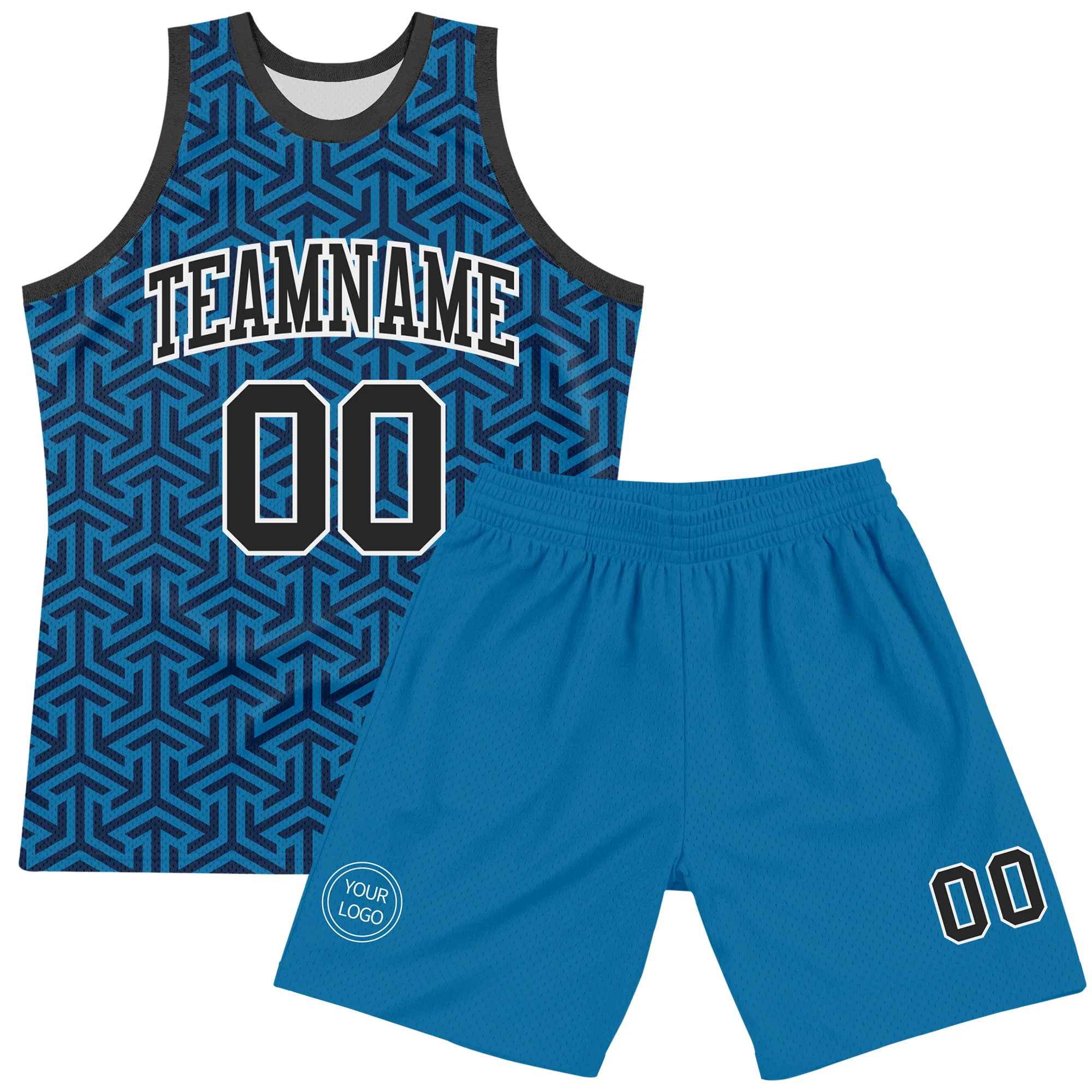 Custom Blue Black-White Arrow Shape Round Neck Sublimation Basketball Suit Jersey