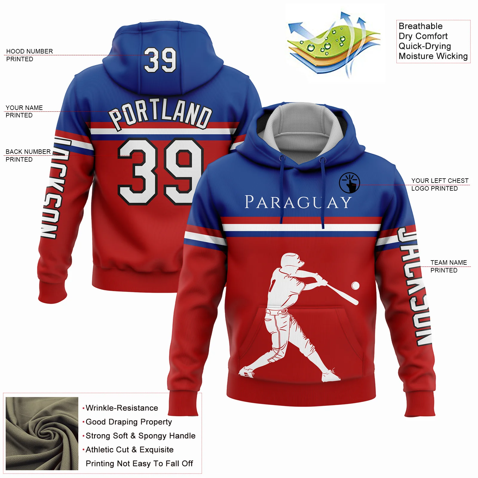 Custom Red Royal-Black 3D Paraguay Paraguayan Flag Sports Pullover Sweatshirt Hoodie