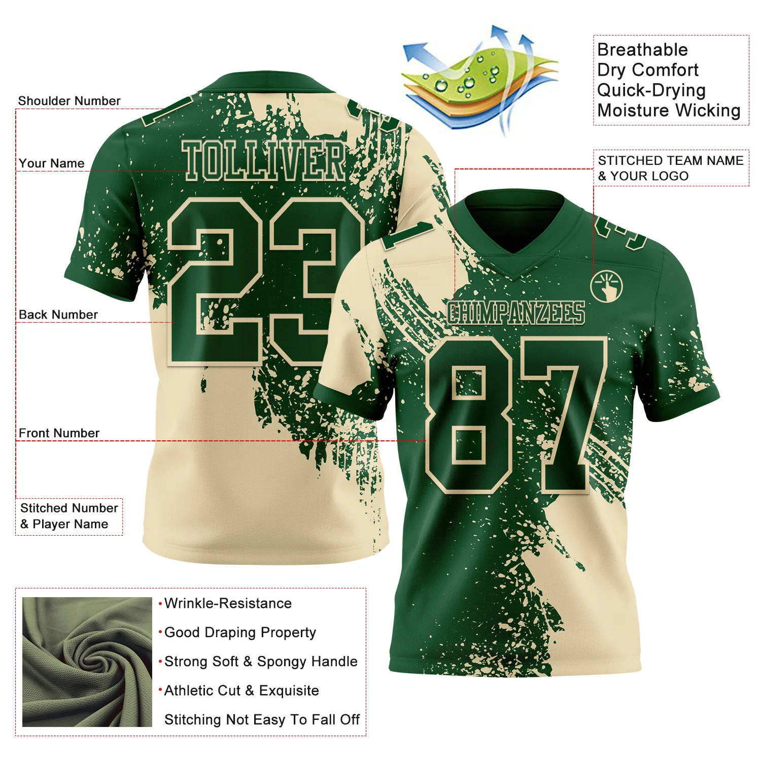 Custom Green Cream 3D Pattern Abstract Brush Stroke Authentic Football Jersey