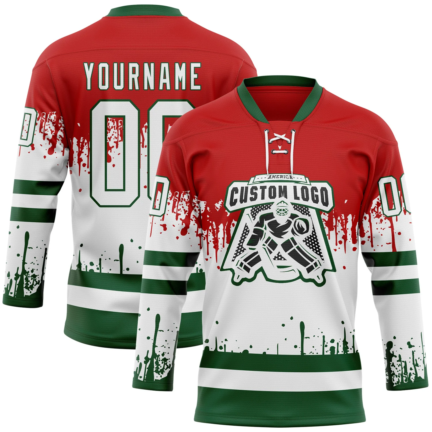 Custom Red White-Green 3D Pattern Abstract Splatter Paint Mexico Christmas Hockey Lace Neck Jersey
