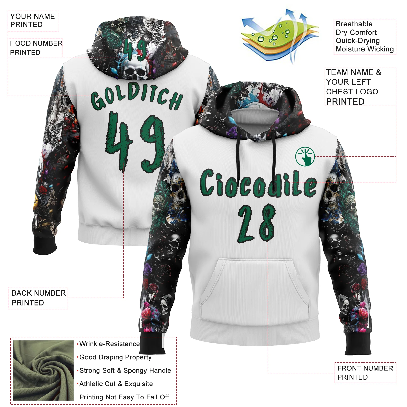 Custom White Kelly Green-Black 3D Skull Roses Floral Sports Pullover Sweatshirt Hoodie