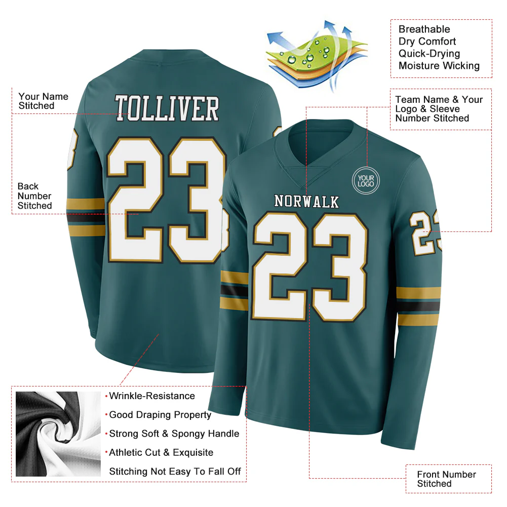 Custom Midnight Green White Old Gold-Black Long Sleeve Authentic Football Jersey