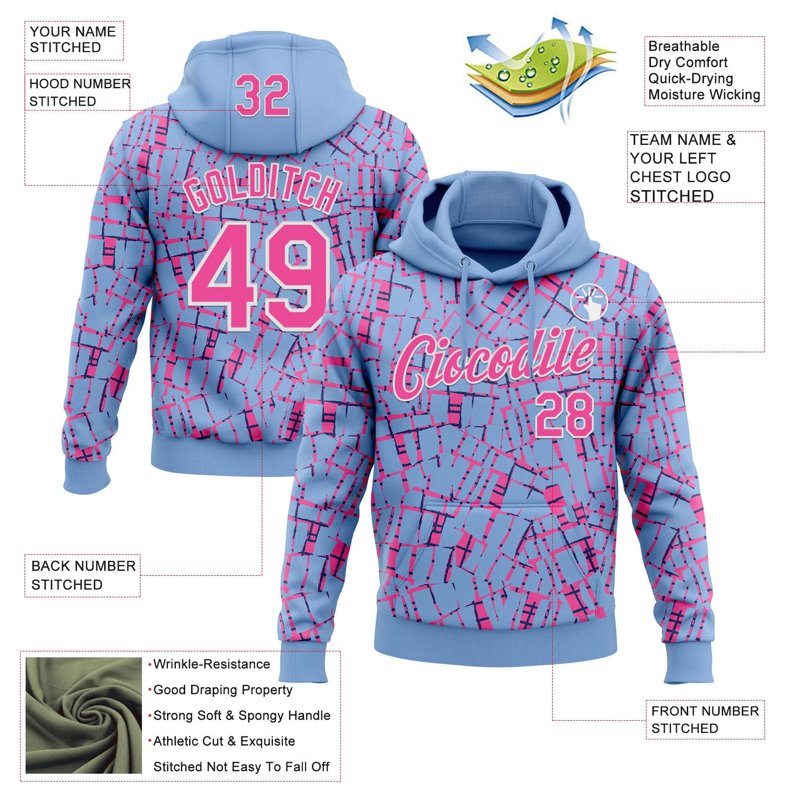 Custom Stitched Light Blue Pink-White 3D Pattern Design Line Sports Pullover Sweatshirt Hoodie