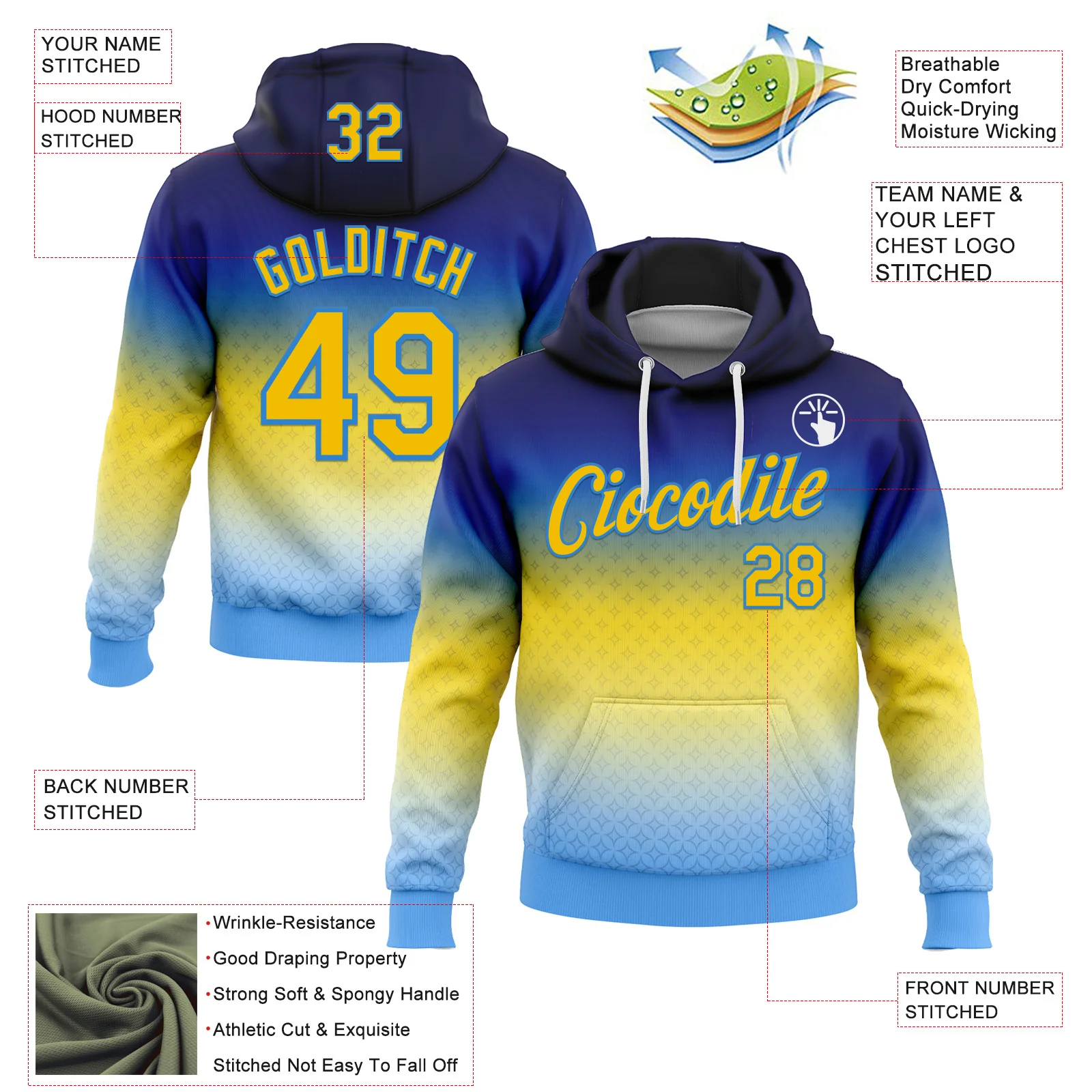 Custom Stitched Blue Yellow-Powder Blue 3D Pattern Design Argentine Inspired Gradient Sportswear Pullover Sweatshirt Hoodie