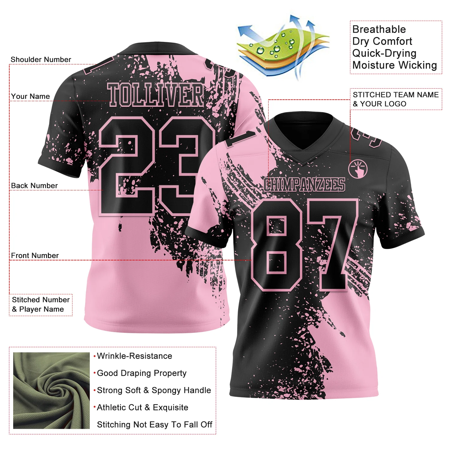 Custom Black Light Pink 3D Pattern Abstract Brush Stroke Authentic Football Jersey
