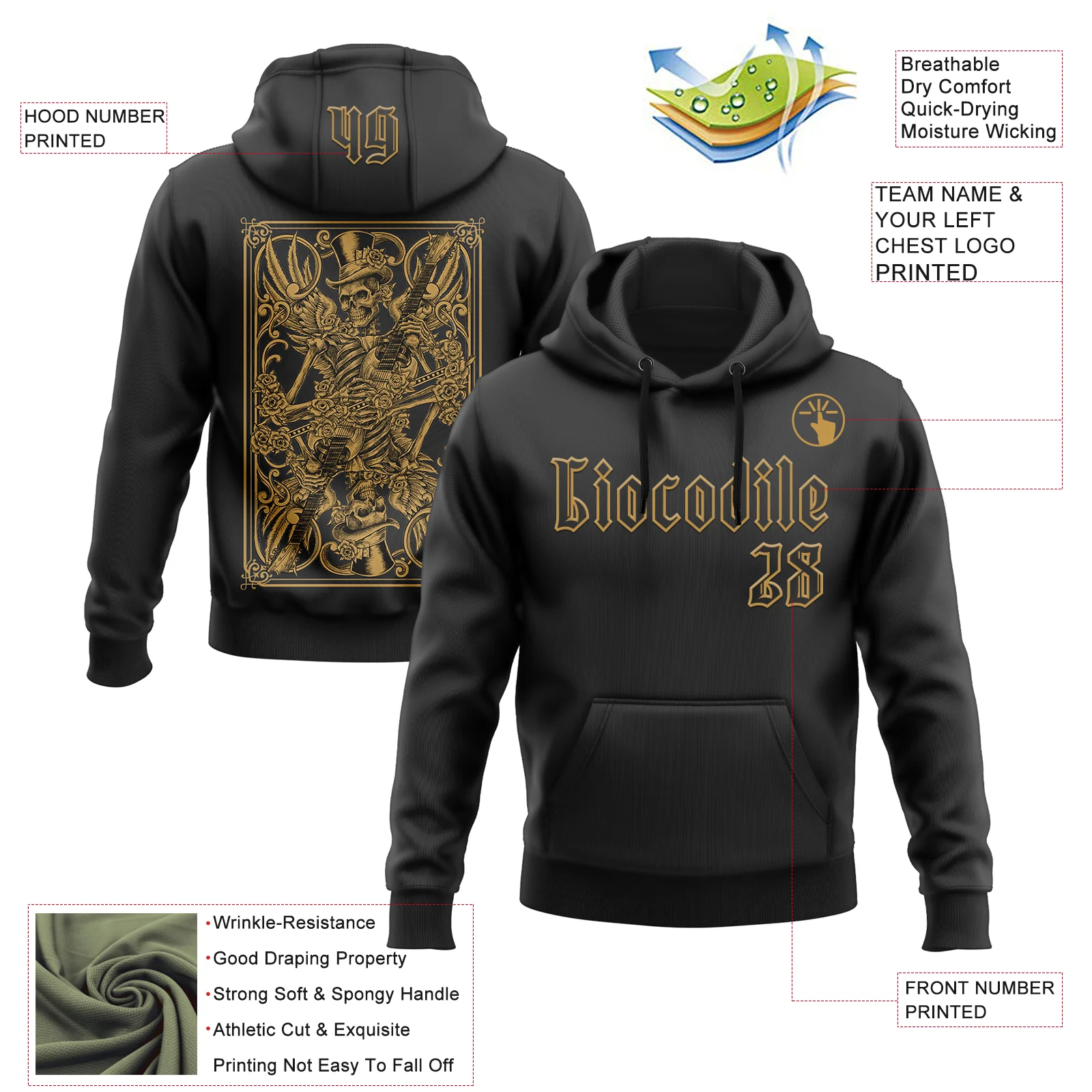 Custom Black Old Gold 3D Skull Poker Playing Card Vintage Sports Pullover Sweatshirt Hoodie