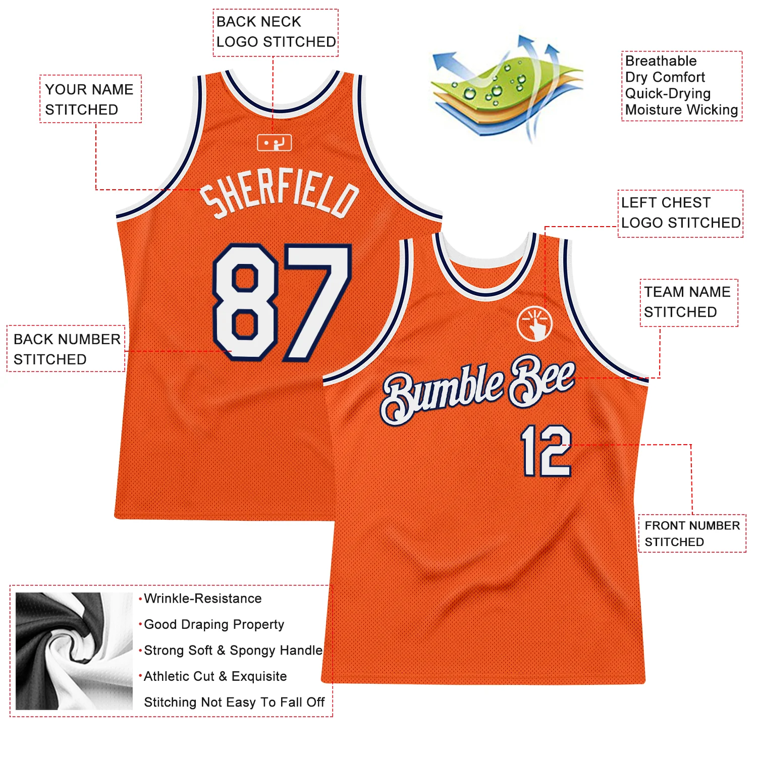Custom Orange White-Navy Authentic Throwback Basketball Jersey