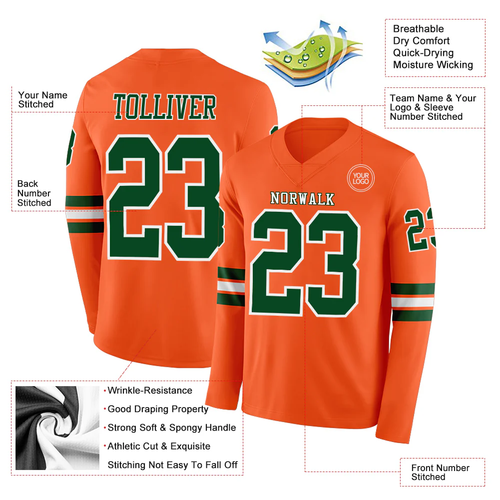 Custom Orange Green-White Long Sleeve Authentic Football Jersey