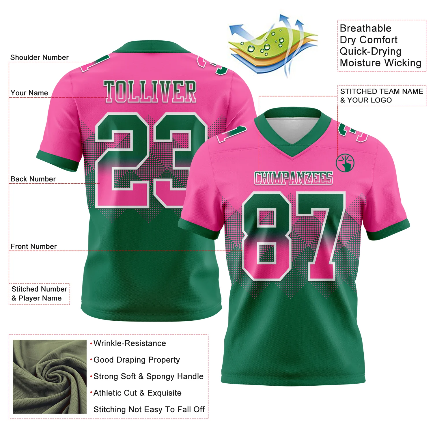 Custom Pink Kelly Green-White Authentic Gradient Square Shape Flag Football Jersey