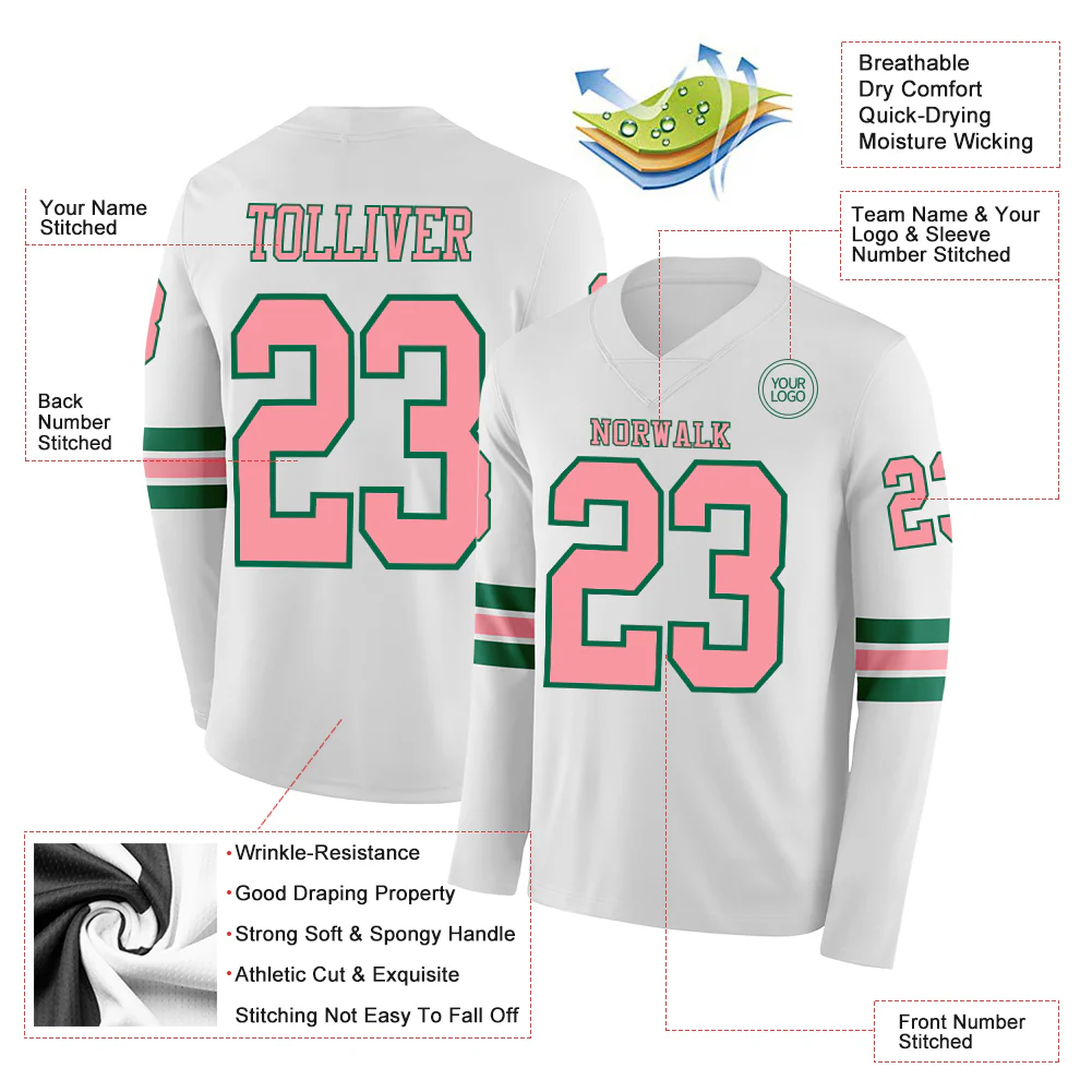 Custom White Medium Pink-Kelly Green Long Sleeve Authentic Football Jersey