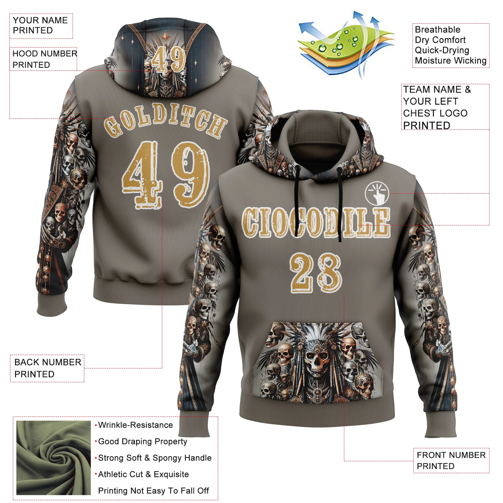 Custom Gray Old Gold-White 3D Skull Chief Sports Pullover Sweatshirt Hoodie