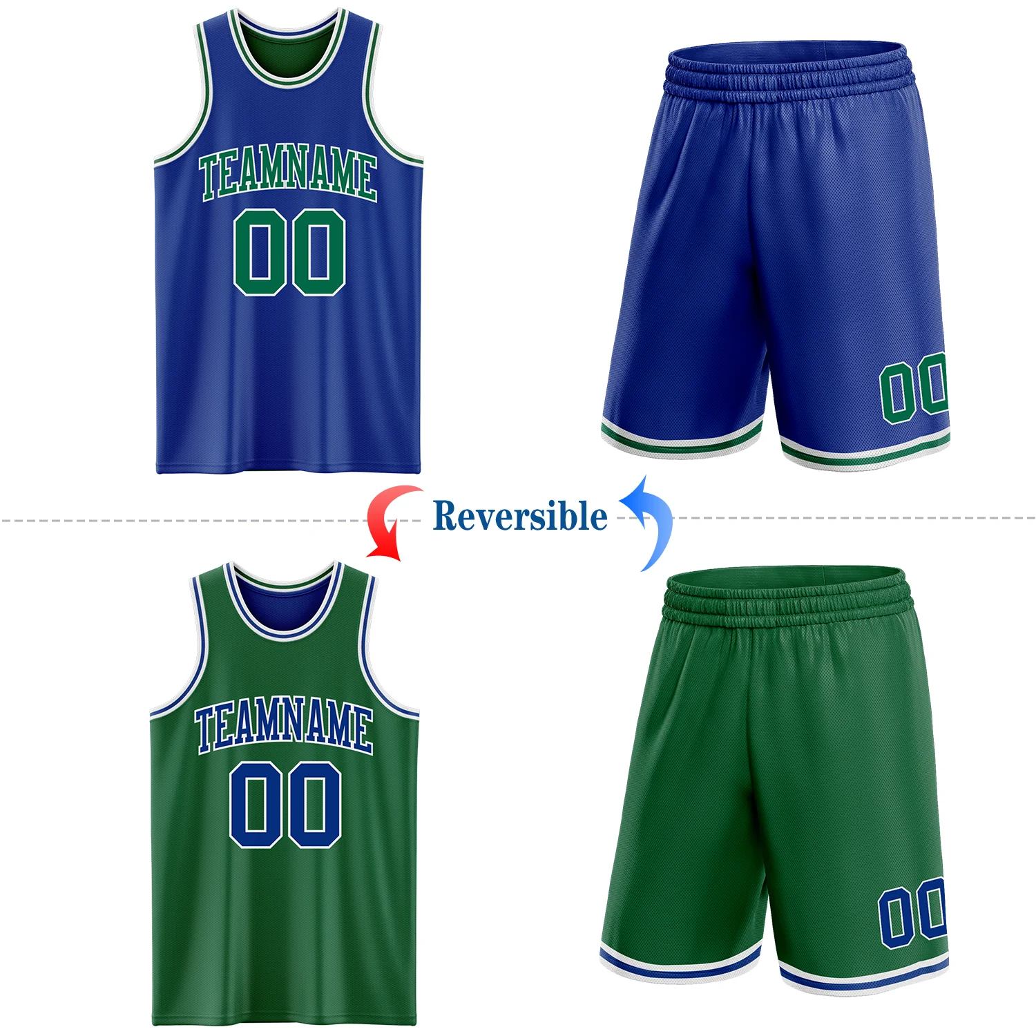 Custom Royal Kelly Green-White Reversible Double Side Sublimation Basketball Suit Jersey