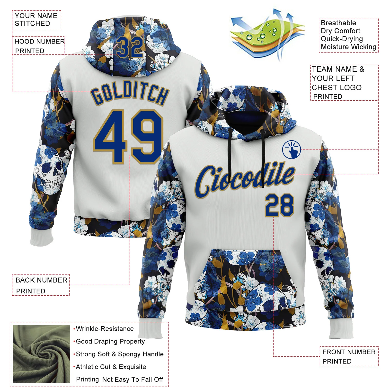 Custom White Royal-Old Gold 3D Skull Floral Sports Pullover Sweatshirt Hoodie