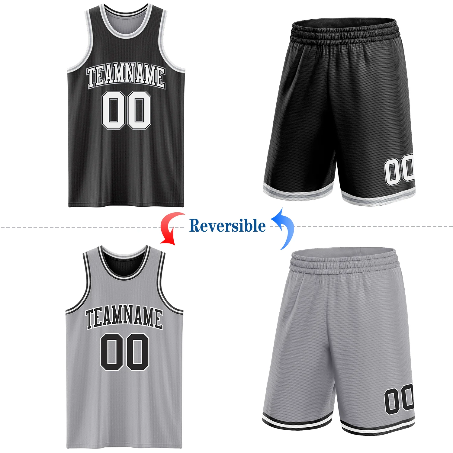 Custom Reversible Black White-Gray Double Side Sublimation Basketball Suit Jersey