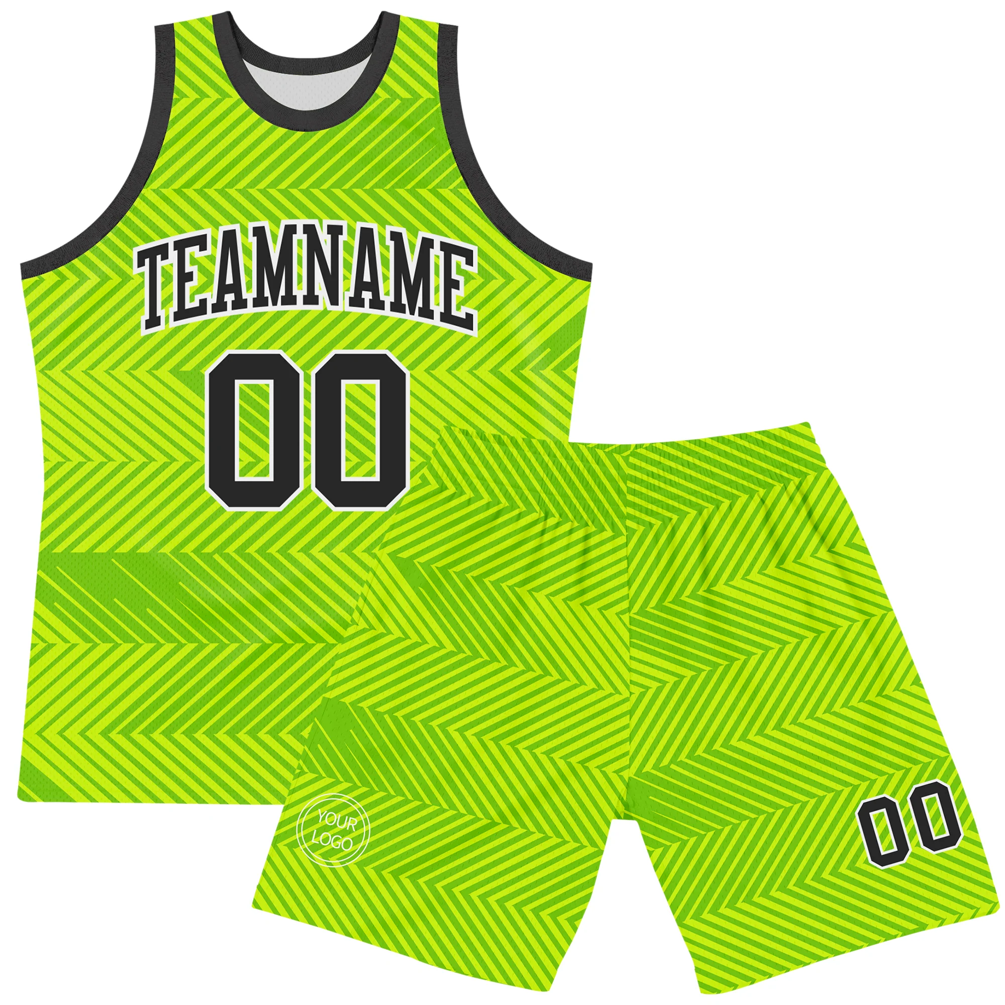 Custom Neon Green Black-White Line Round Neck Sublimation Basketball Suit Jersey