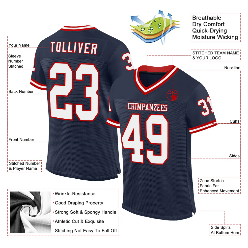 Custom Navy White-Red Mesh Authentic Throwback Football Jersey