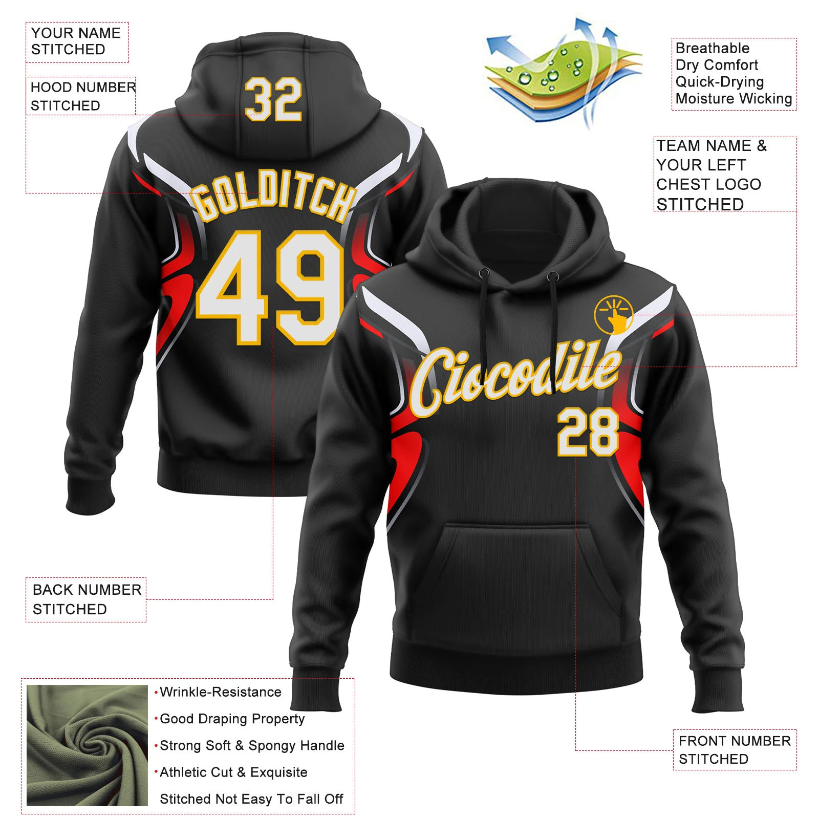 Custom Stitched Black White Red-Gold 3D Pattern Design Sportswear Pullover Sweatshirt Hoodie