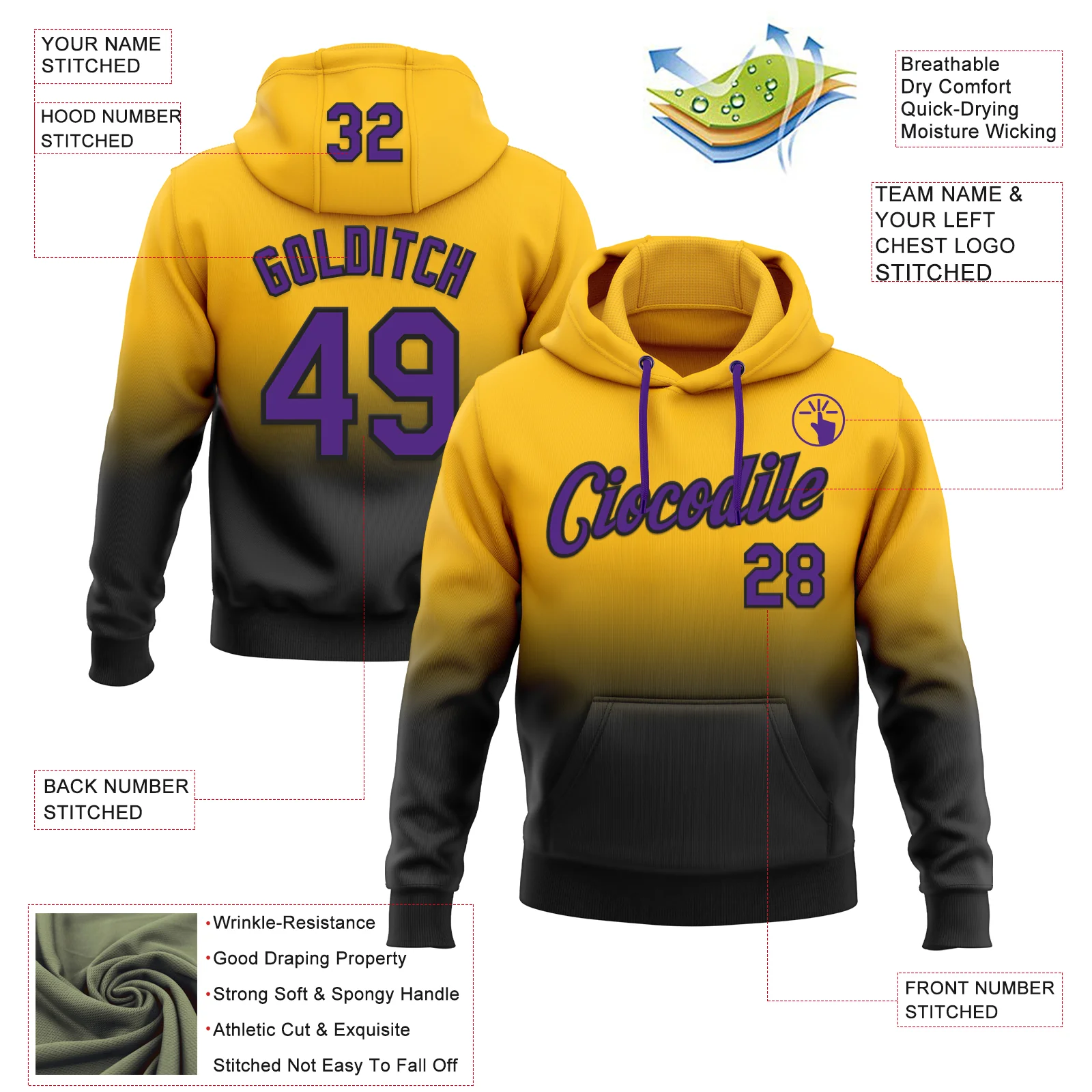 Custom Stitched Gold Purple-Black Fade Fashion Sports Pullover Sweatshirt Hoodie