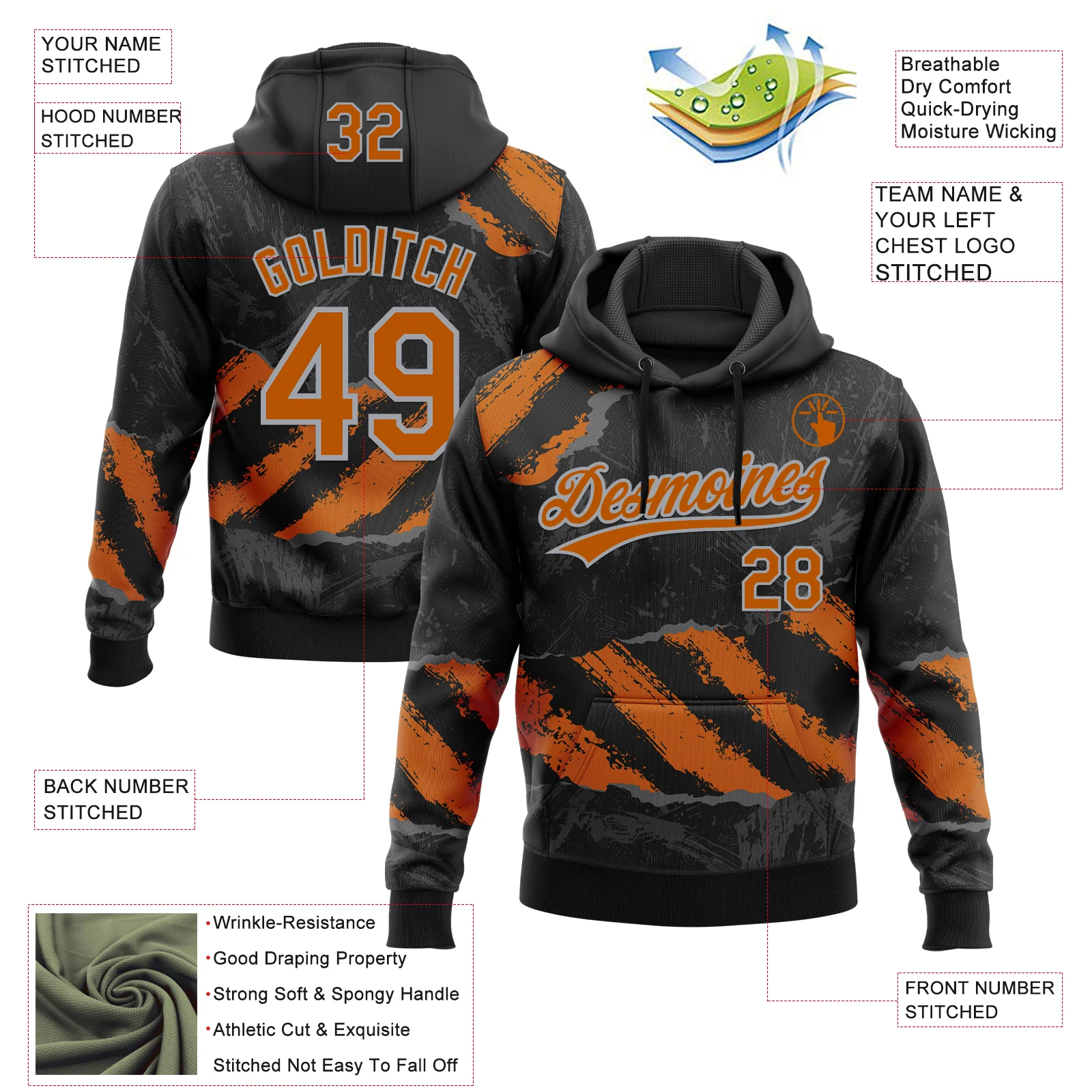 Custom Stitched Black Texas Orange Steel Gray-Gray 3D Pattern Design Splash Sports Pullover Sweatshirt Hoodie